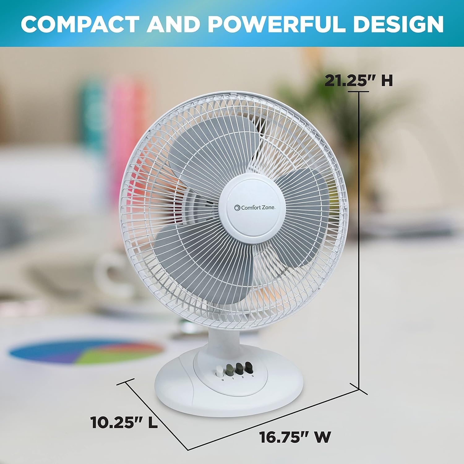 Comfort Zone Oscillating Table Fan With Adjustable Tilt, Convenient Push Button Controls, Quiet, 16 Inch, 3 Speed, Desk Fan, Air