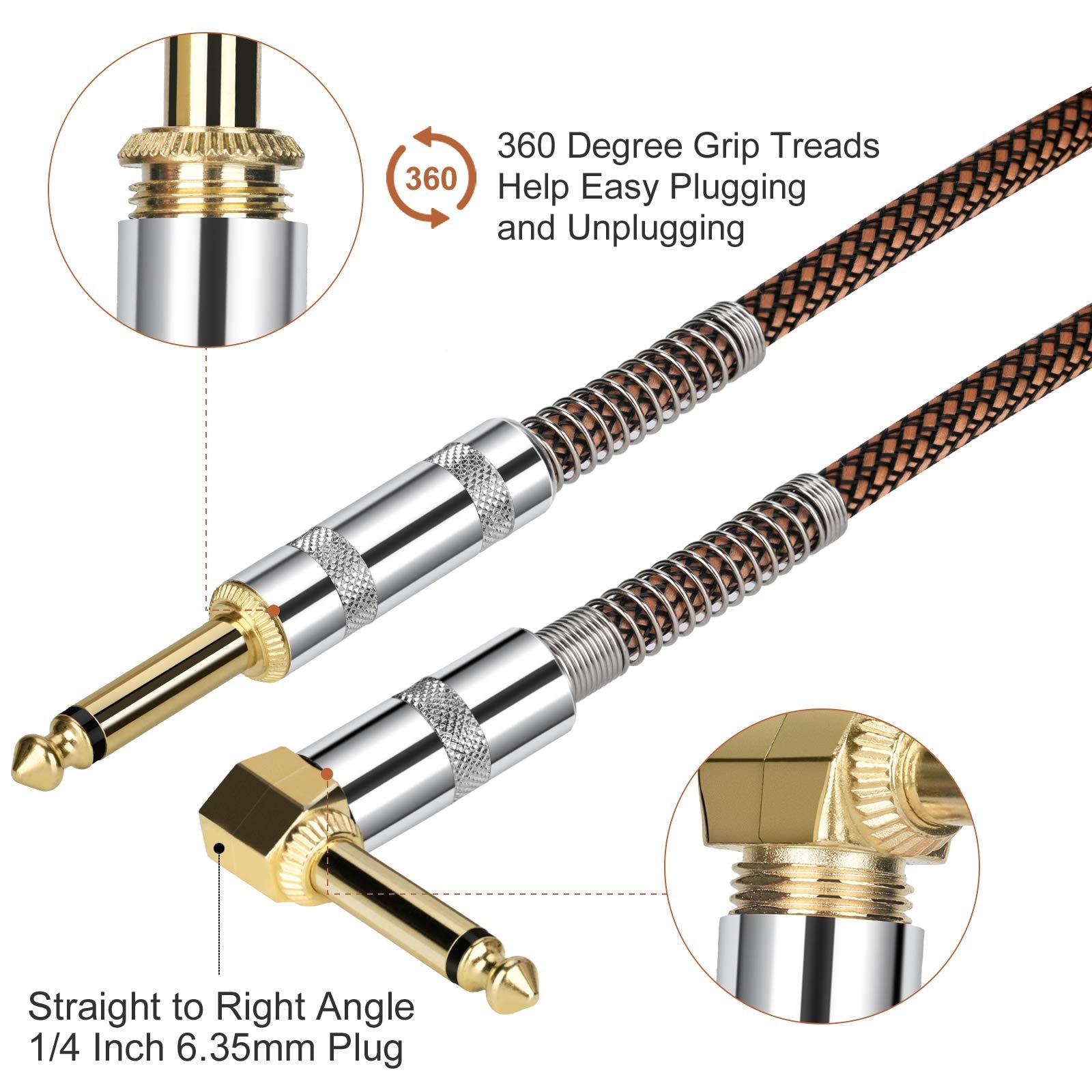 Jolgoo Guitar Cable, 1/4 Inch Cable 15 Ft, Straight To Right Angle 6.35Mm Plug Bass Keyboard Instrument Cable, Orange And Black