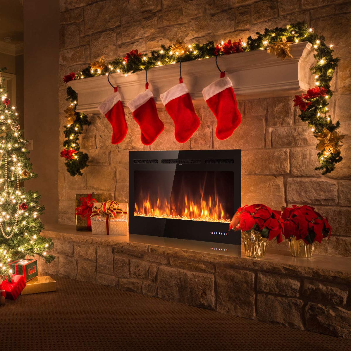 Tangkula 50 Inches Electric Fireplace Insert With Thermostat, In Wall Recessed And Wall Mounted 1500 W Faux Fireplace, Touch Scr