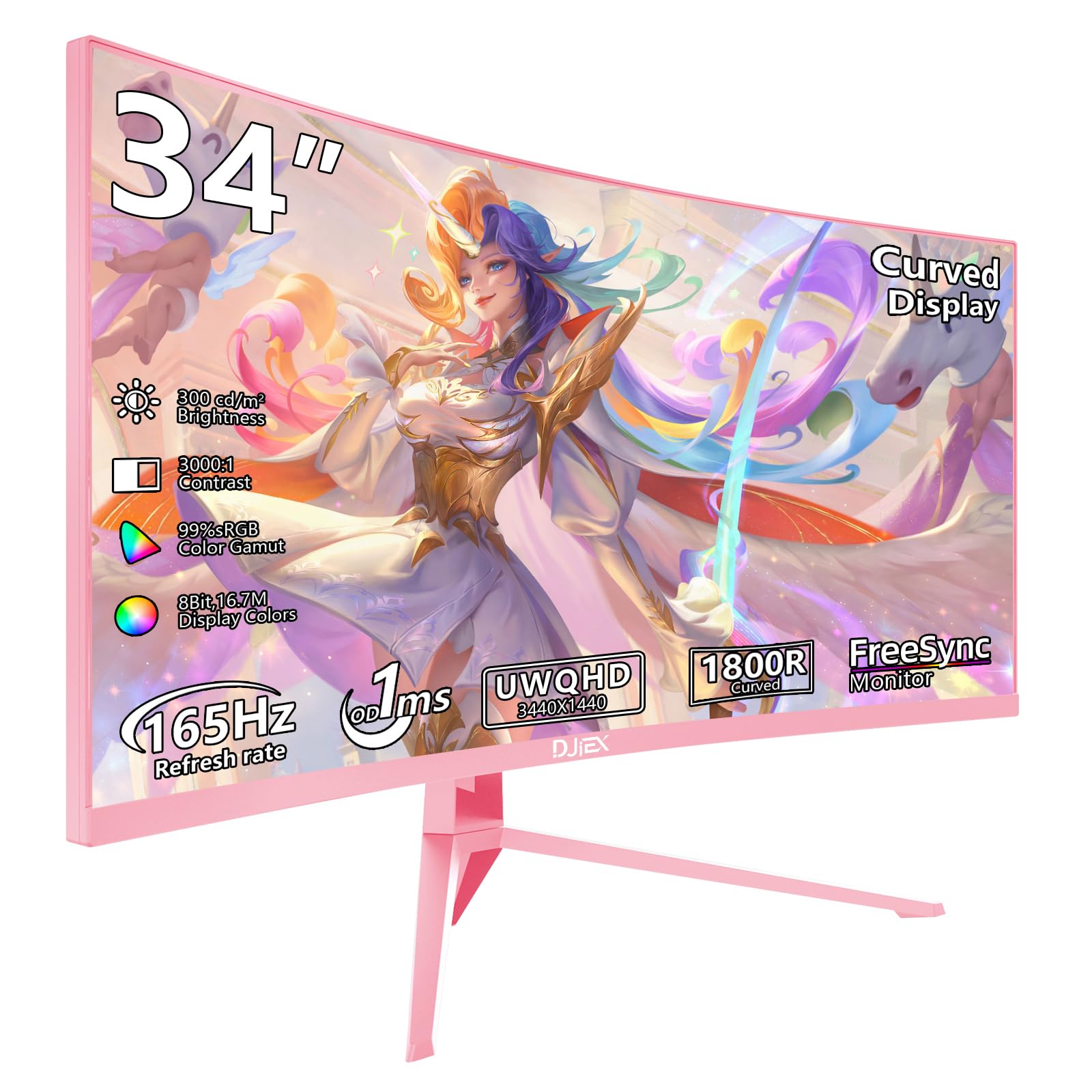 DJiEX 34 Inch Pink Curved Gaming Monitor, 165Hz UWQHD 3440x1440, 1500R, 1ms MPRT, HDR, FreeSync, 99% sRGB, HDMI DP, VESA Mount, 