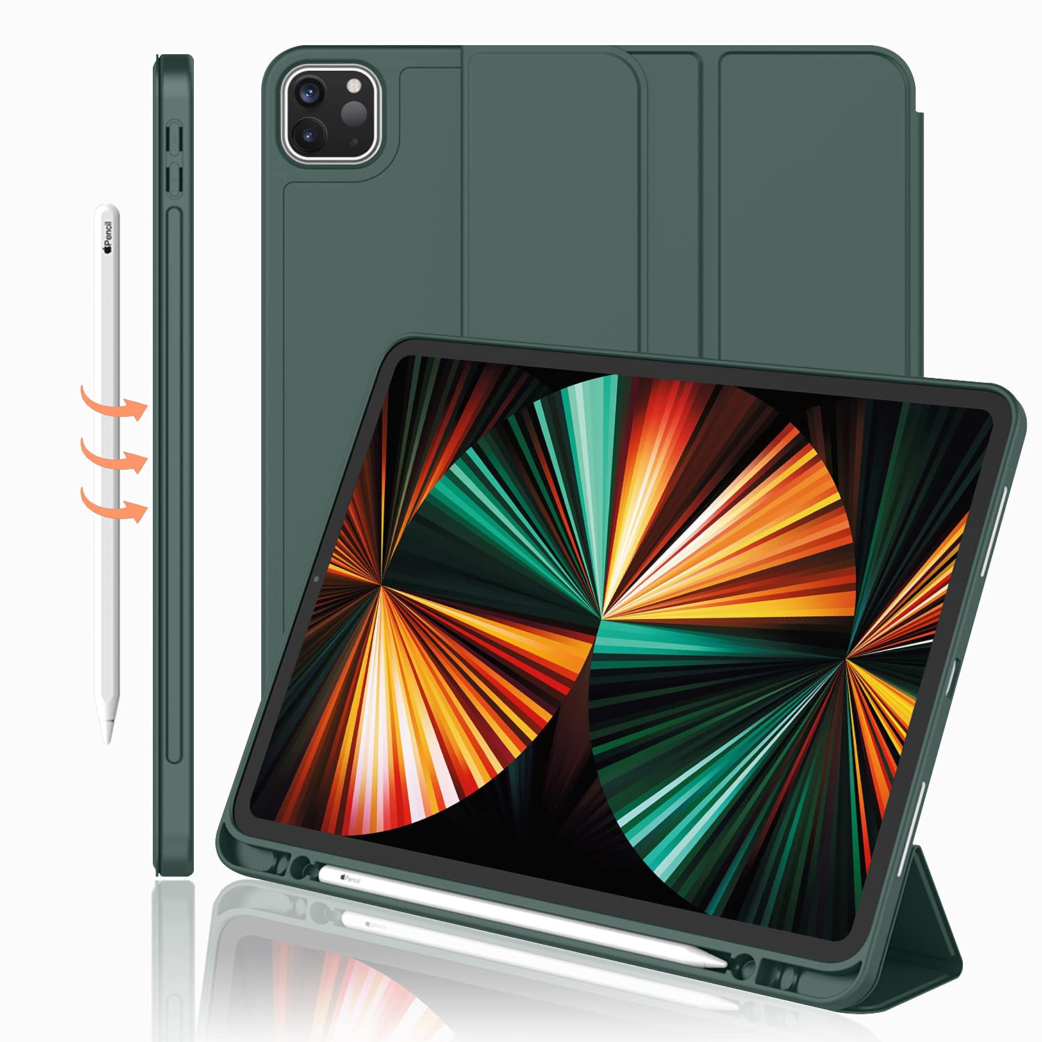 Imieet New Ipad Pro 12.9 Case 2022(6Th Gen)/2021(5Th Gen) With Pencil Holder [Support Ipad 2Nd Pencil Charging/Pair],Trifold Stand Smart Case With Soft Tpu Back,Auto Wake/Sleep(New Midnight Green)