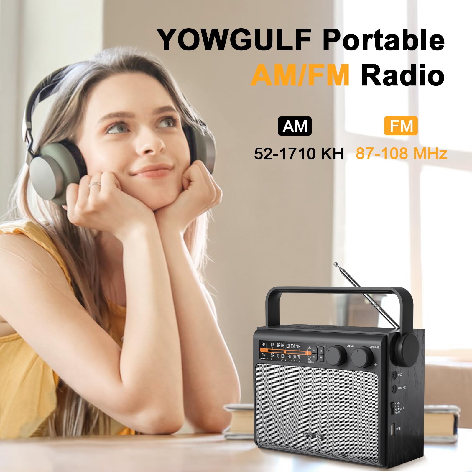 Yowgulf Portable Am Fm Radio, Bluetooth Radio With Best Reception,Transistor Radio Plug In Wall Or Battery Powered, Radio With H