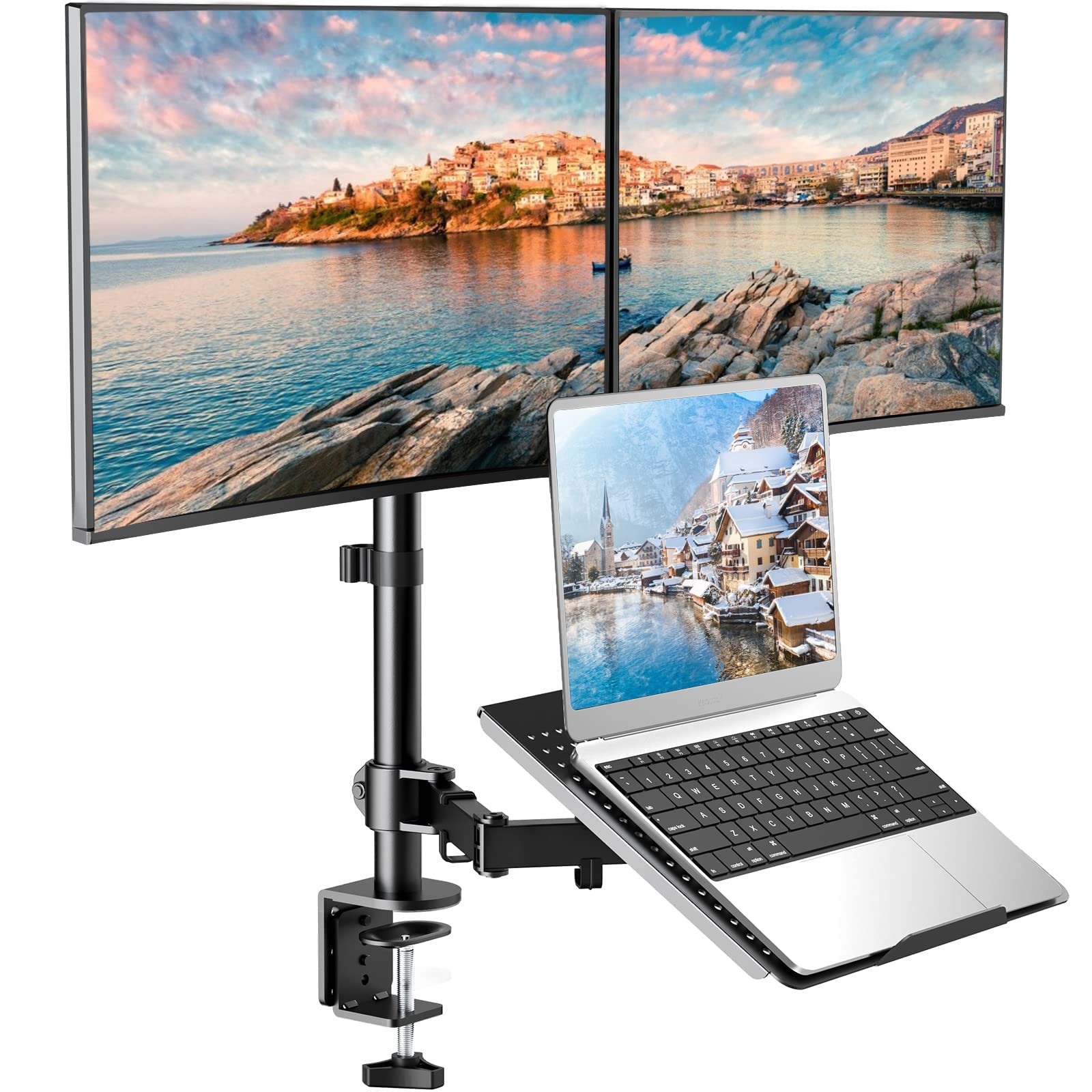 Huanuo Laptop Mount, Height Adjustable Dual Monitor Mount With Laptop Keyboard Tray Fit Two 13 To 27 Inch Flat Curved Computer Screens And 10 To 17 Inch Notebooks