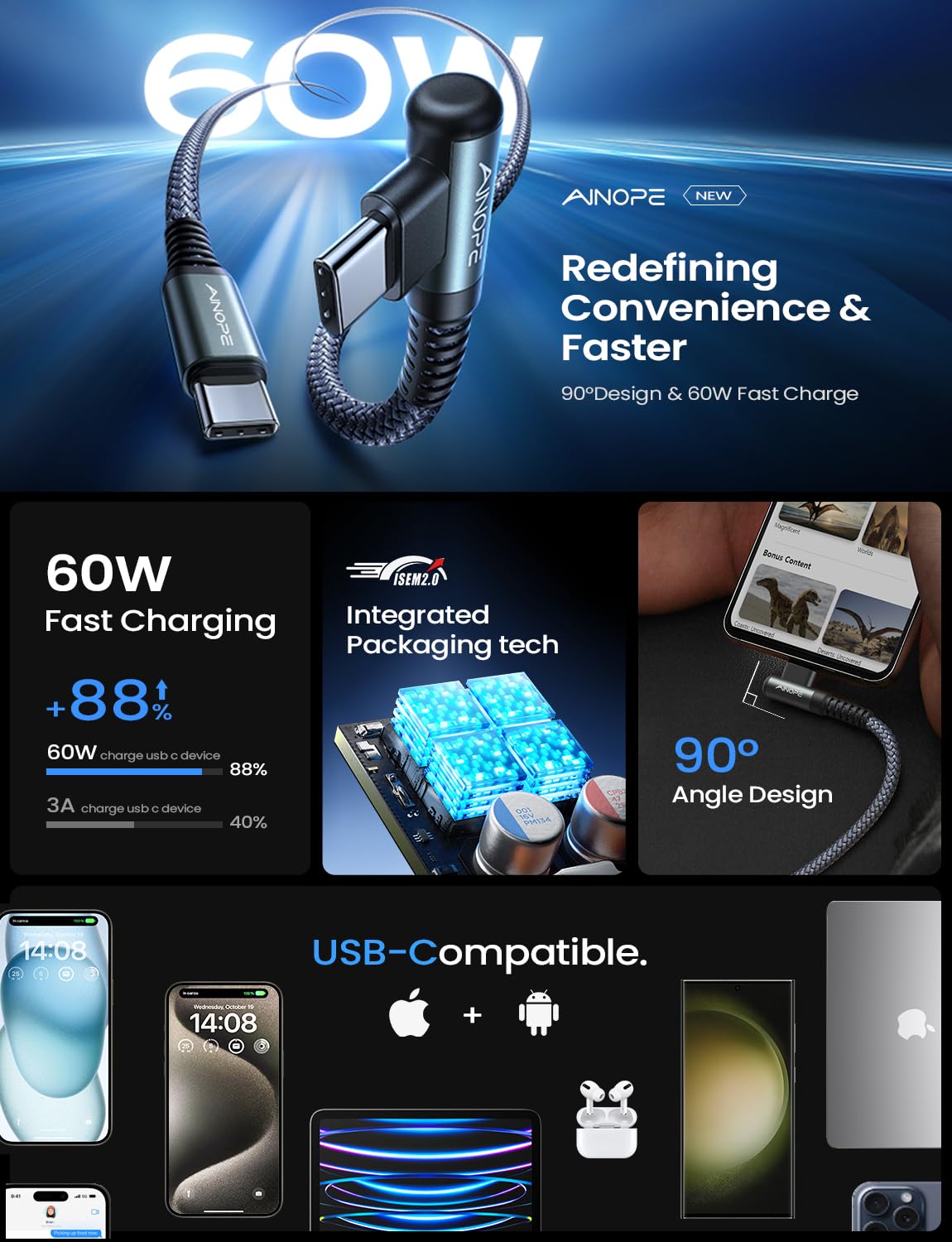 Ainope Right Angle Usb C To Usb C Cable 3.3Ft 60W 2 Pack Usbc To Usbc For Iphone 15 Pro Max Car Charger Cord Fast Charging Compa