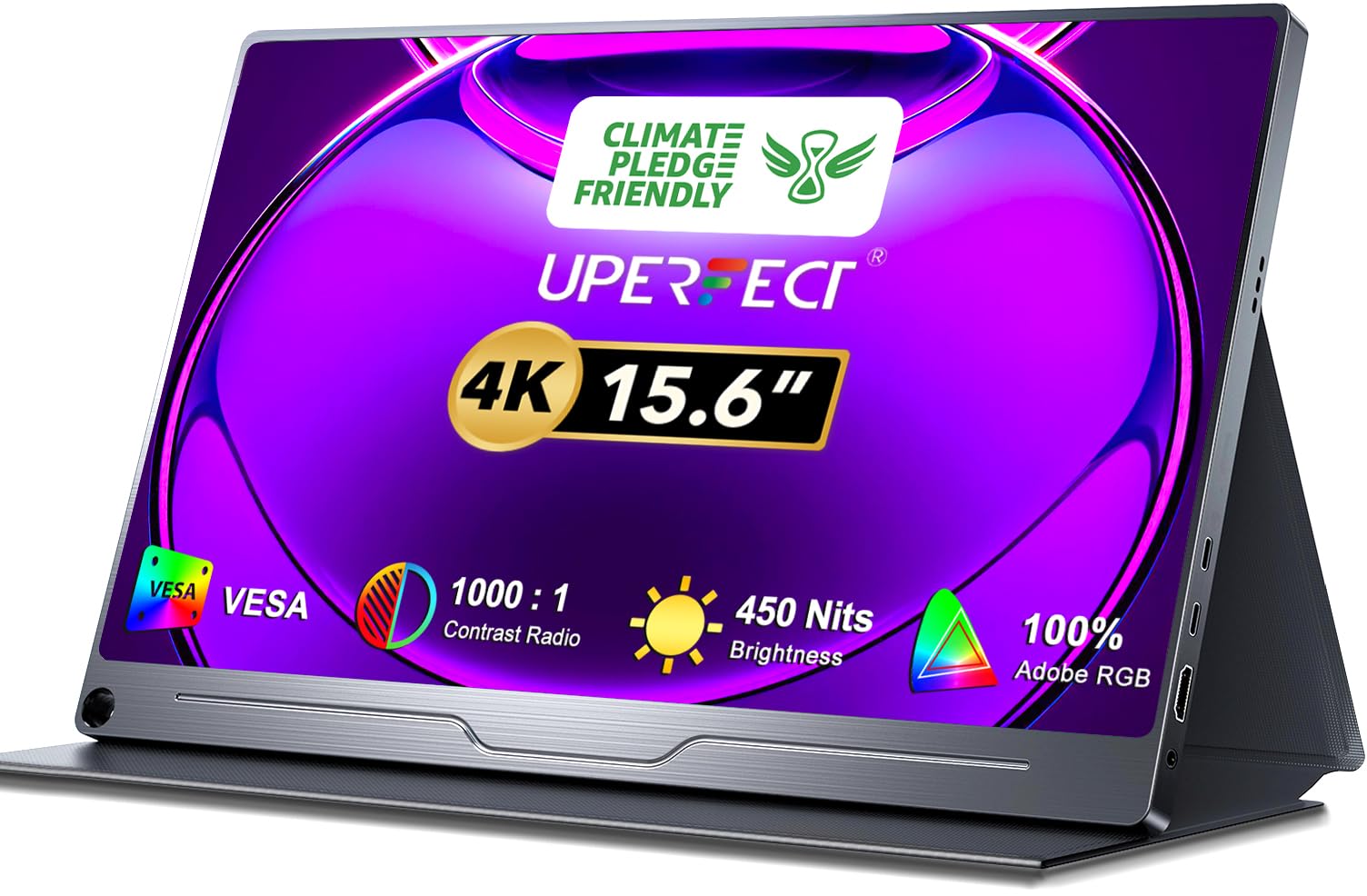 Uperfect Truely 4K Computer Monitor, 15.6'' Uhd Freesync 100% Adobergb 450 Nits Brightness Hdr Ips Speaker Eye Care Game Display