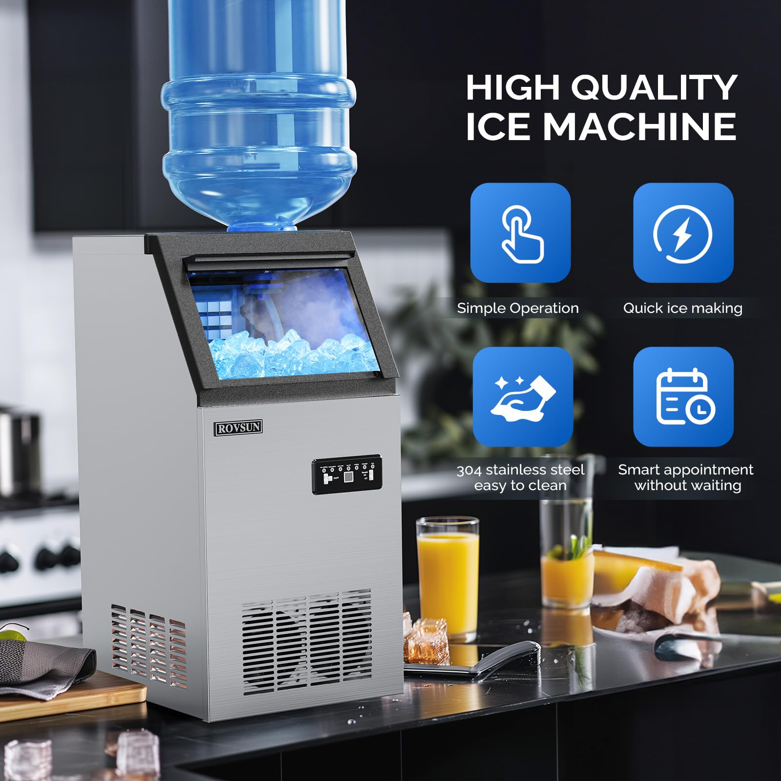 Rovsun 150Lbs/24H Commercial Ice Maker Machine With 2 Water Inlets, Undetcounter Ice Machine With 24Lbs Storage Bin, Ice Scoop &