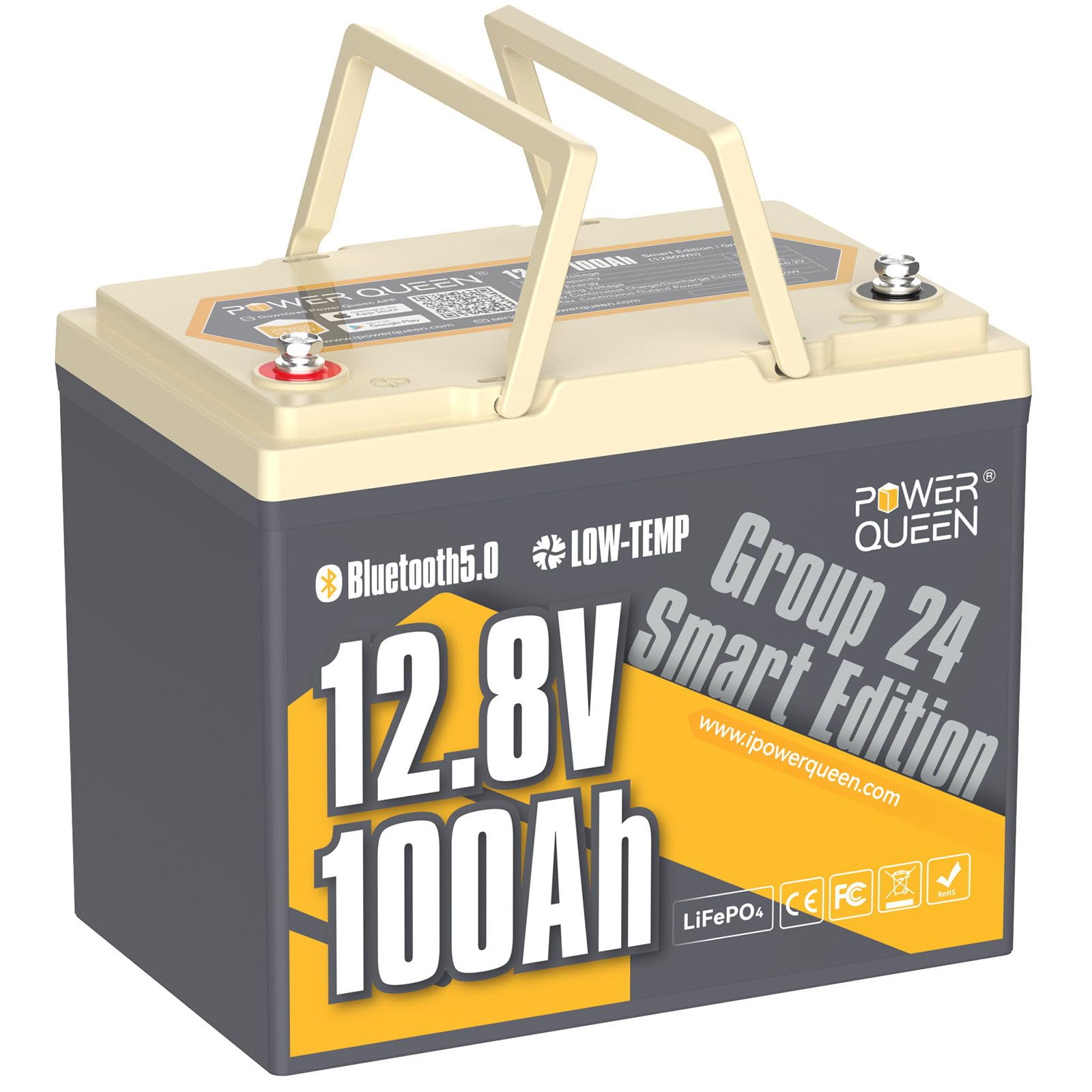 Power Queen 12V 100Ah LiFePO4 Battery Bluetooth Lithium Battery, Low-temp Cut-off Deep Cycle Battery with 100A BMS, 1280Wh Energ