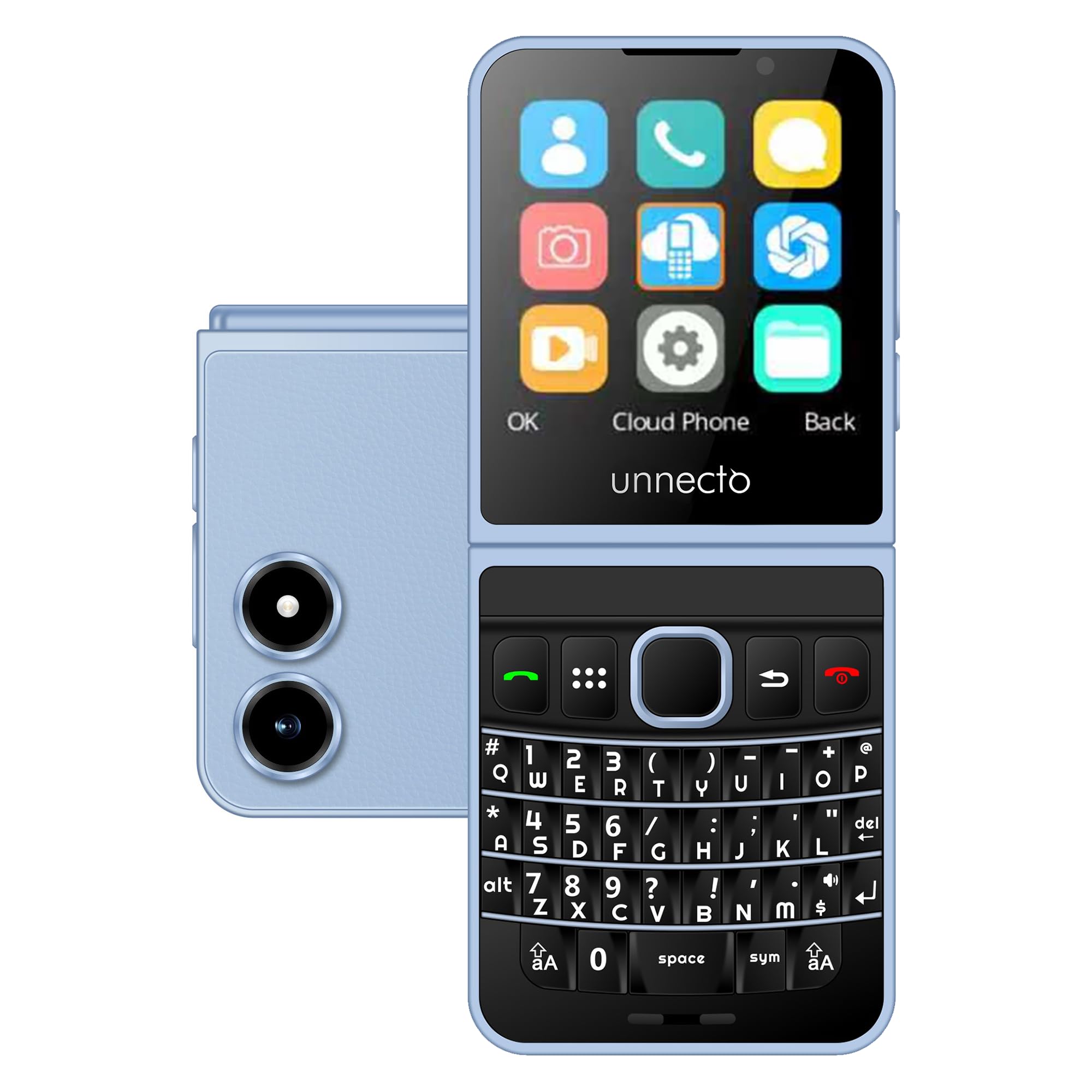 unnecto Snap | Dual SIM | 4G/LTE | Unlocked | QWERTY Keyboard | Flip Phone | Cloud OS | Sky Blue