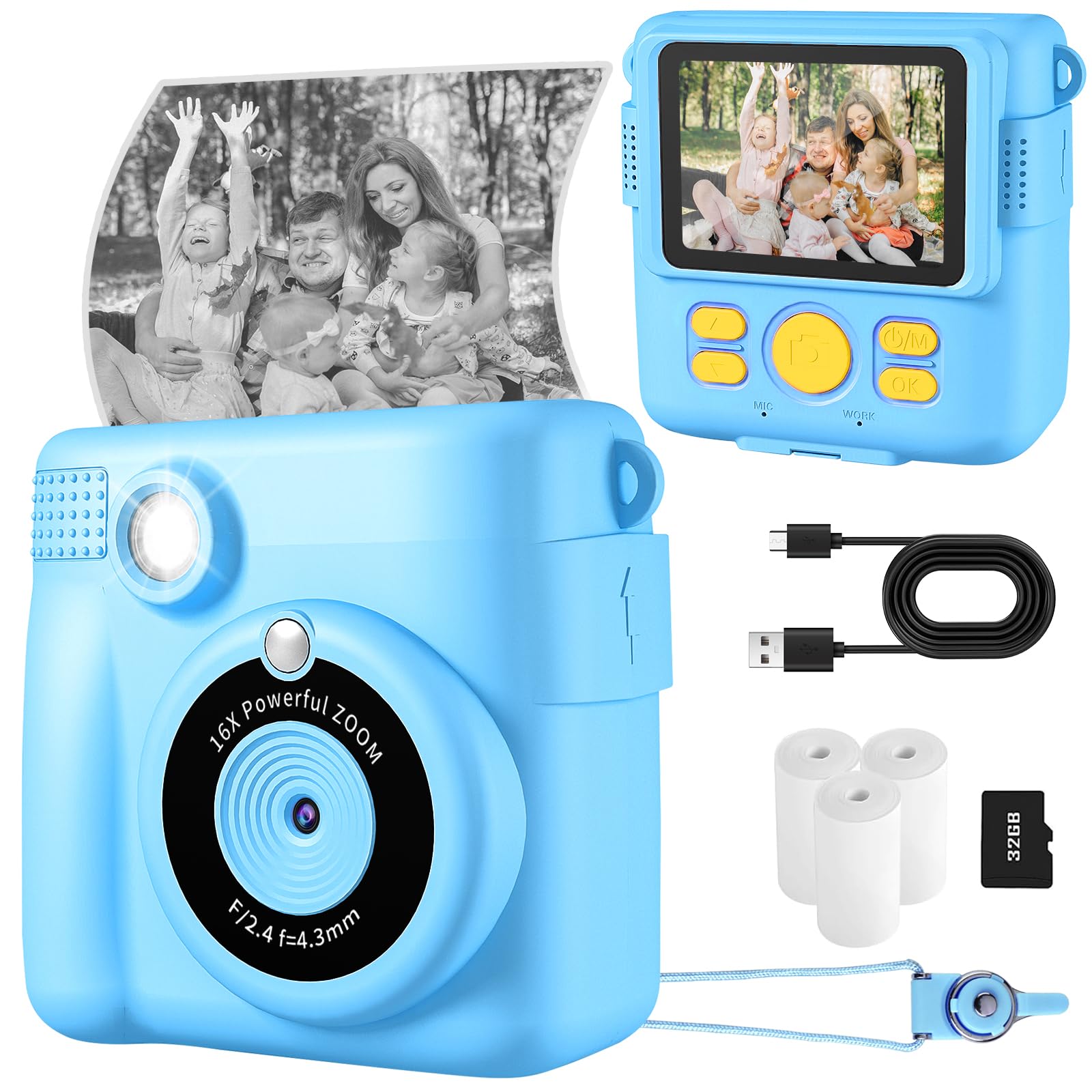 Weefun Kids Camera  Instant Print Camera 1080P 2.4 Inch Screen Digital Children Video Camcorder Camera With 16X Digital Zoom, 32