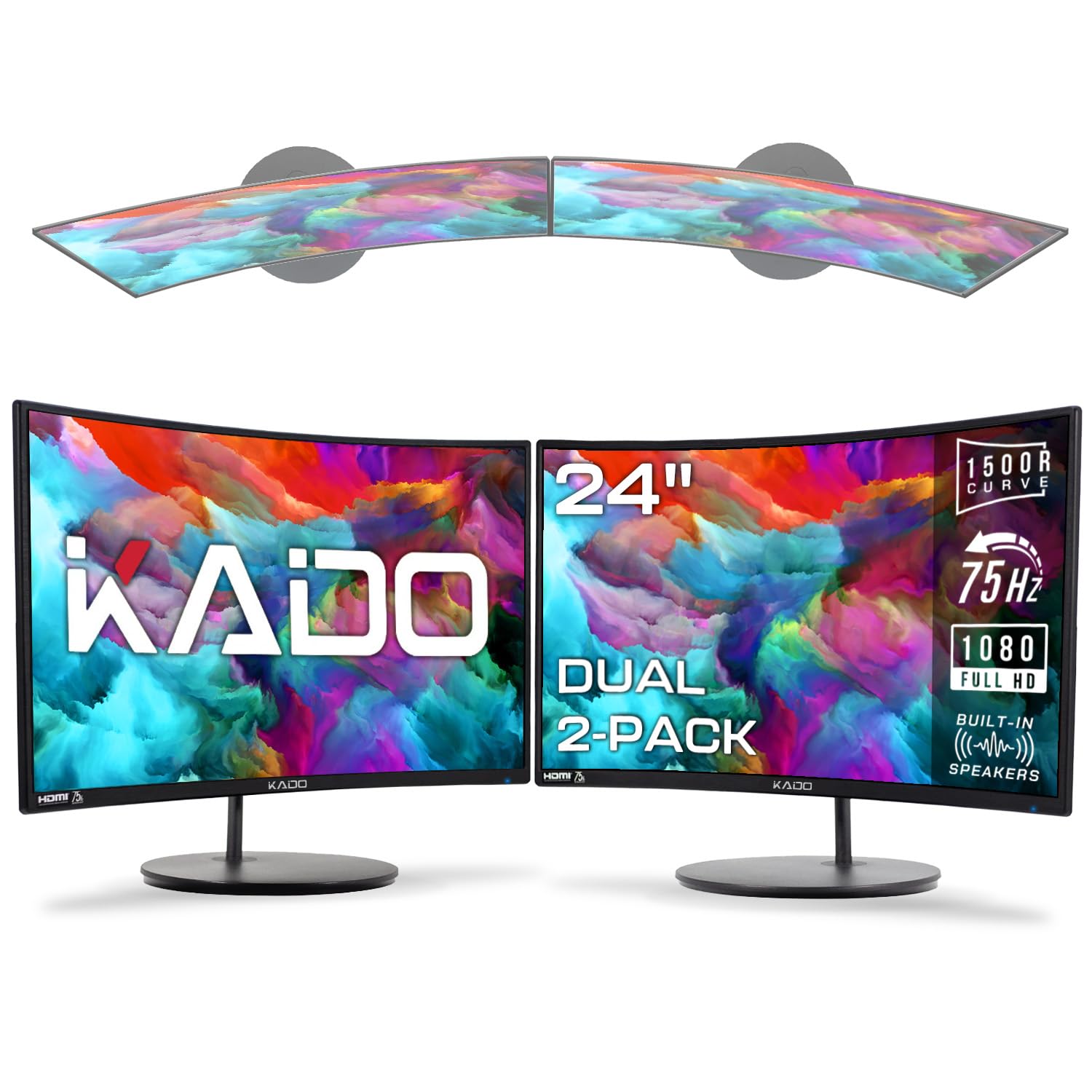 Kado Dual Monitor Setup   2 Pack 24'' Curved 1500R 1920X1080 Computer Monitor 75Hz Vesa Mount Hdmi Office Gaming Built In Speake