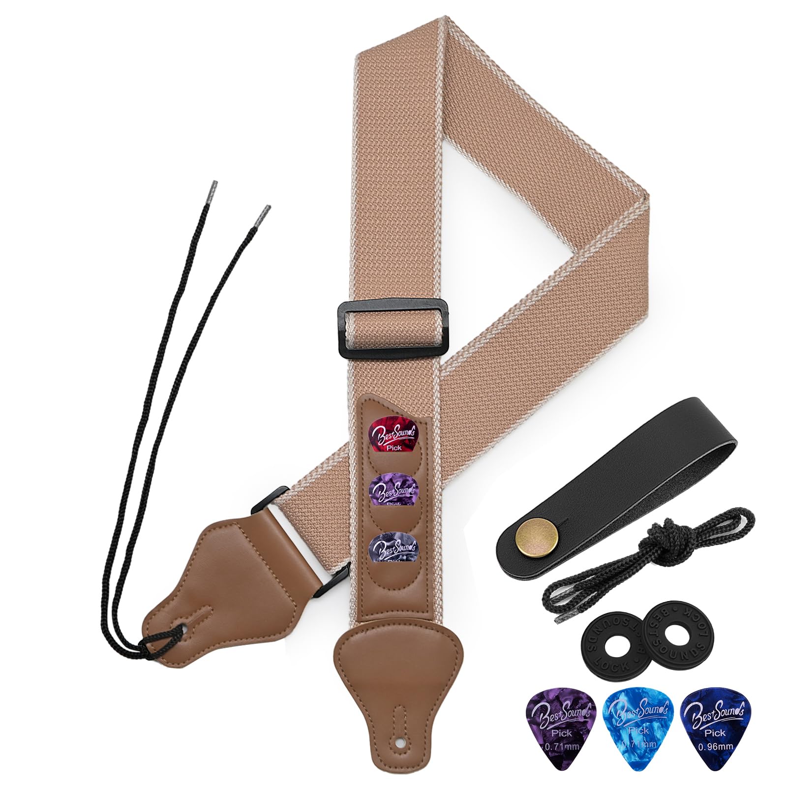 BestSounds Guitar Strap  Strap for Acoustic, Electric and Bass Guitars with Leather Head and Pick Holder Pockets, Khaki, Long