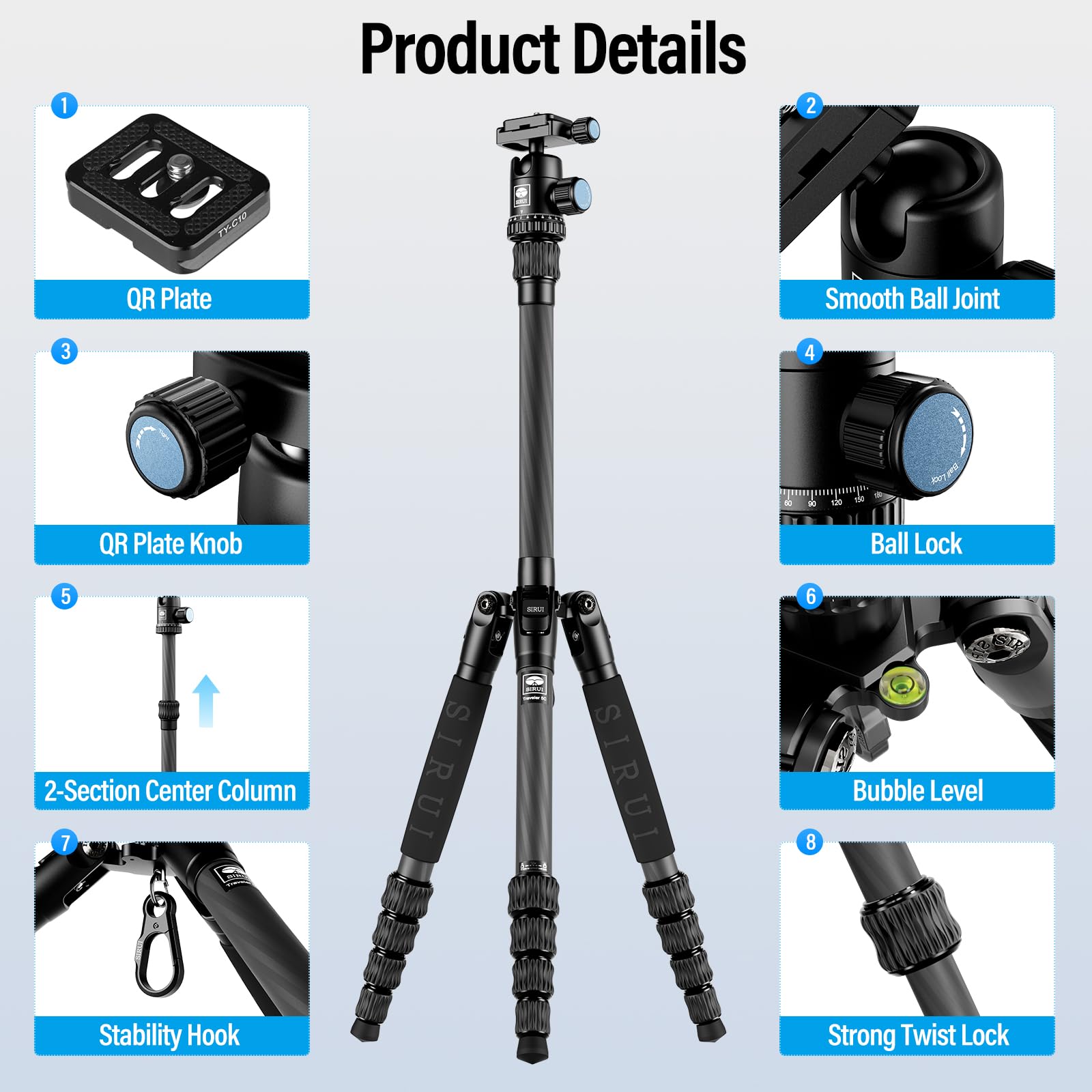 Sirui Compact Traveler 5C Tripod 54.3 Inches Lightweight Carbon Fiber Travel Tripod For Camera With 360� Panorama Ball Head For Arca Swiss Quick Release Plate, Max Load 8.8Lbs