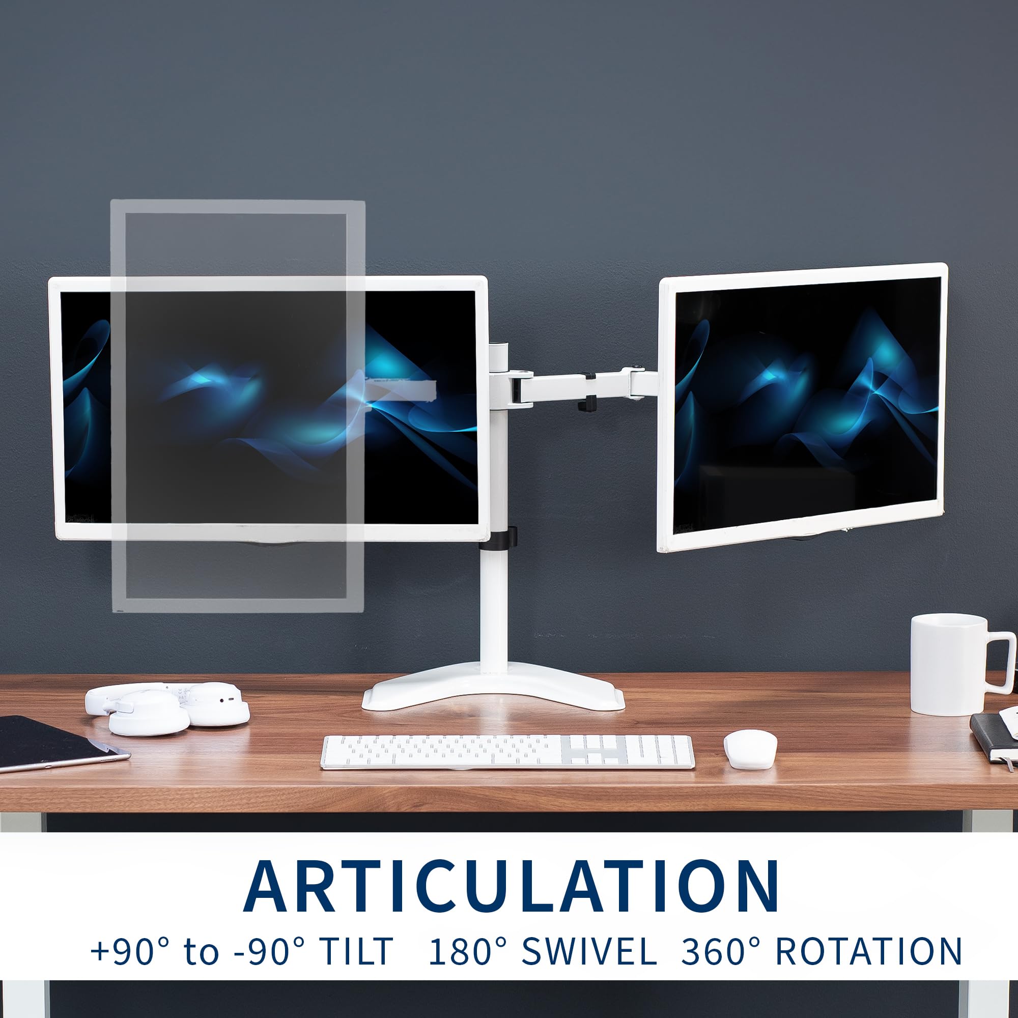 VIVO Dual LED LCD Monitor Mount, Free Standing Desk Stand for 2 Screens up to 27 Inch, Fully Adjustable Arms with Max VESA 100x100mm, Extra Large Base, White, STAND V002FW