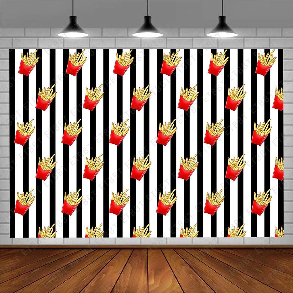Emdspr French Fries Backdrop, 5X3Ft Vinyl, Funny Fried Junk Food Snack Picnic Party Photography Background Black And White Strip