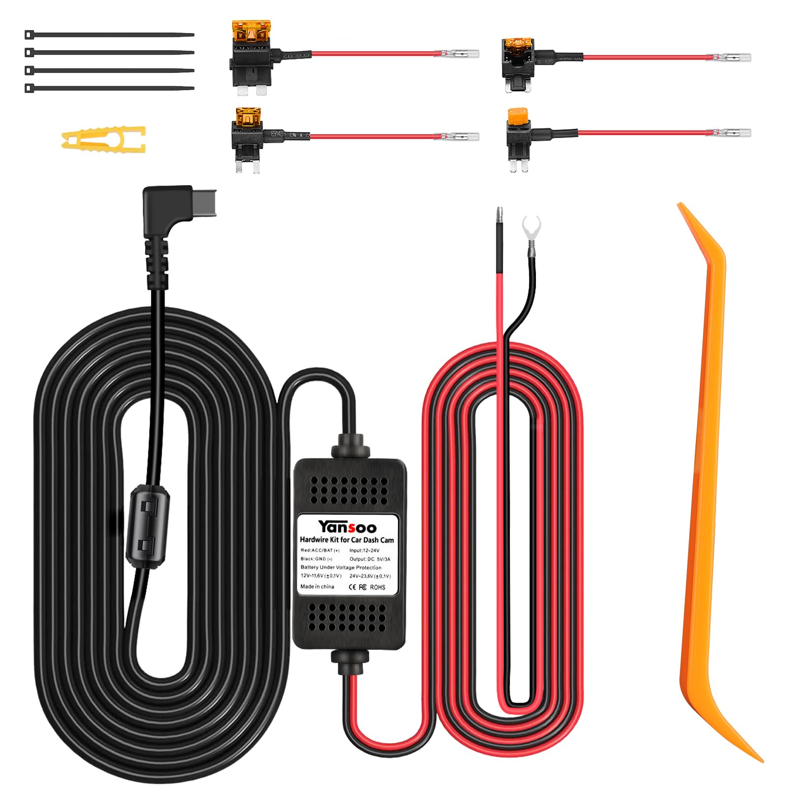 Yansoo Dash Cam Hardwire Kit Usb C,13Ft Type C Hard Wire Kit For Dash Camera,Usb C Hard Wire Kit Fuse For Dashcam,12V 24V To 5V