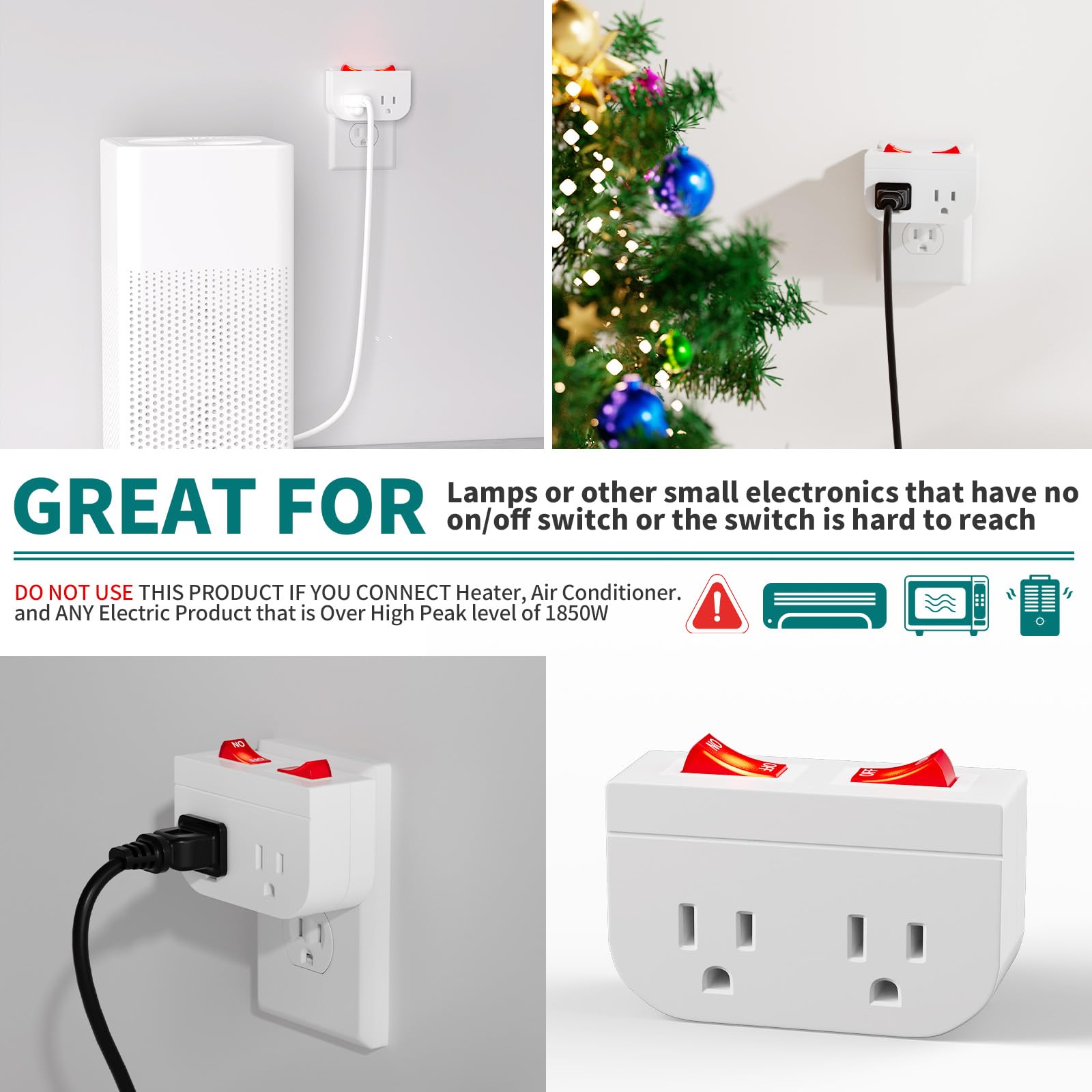 3Pack   Powawini Grounded Outlet With Double On Off Switch, Two Port Electrical Outlet Plug Switch, Wall Tap Adapter With Daul R