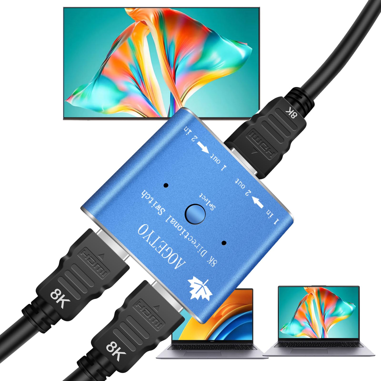Hdmi 2.1 Switch 8K Hdmi Switcher,2 In 1 Out/ 1 In 2 Out Bi Directional Hdmi Switcher, Hdmi 2.1 Splitter Supports 8K@60Hz 4K@120H