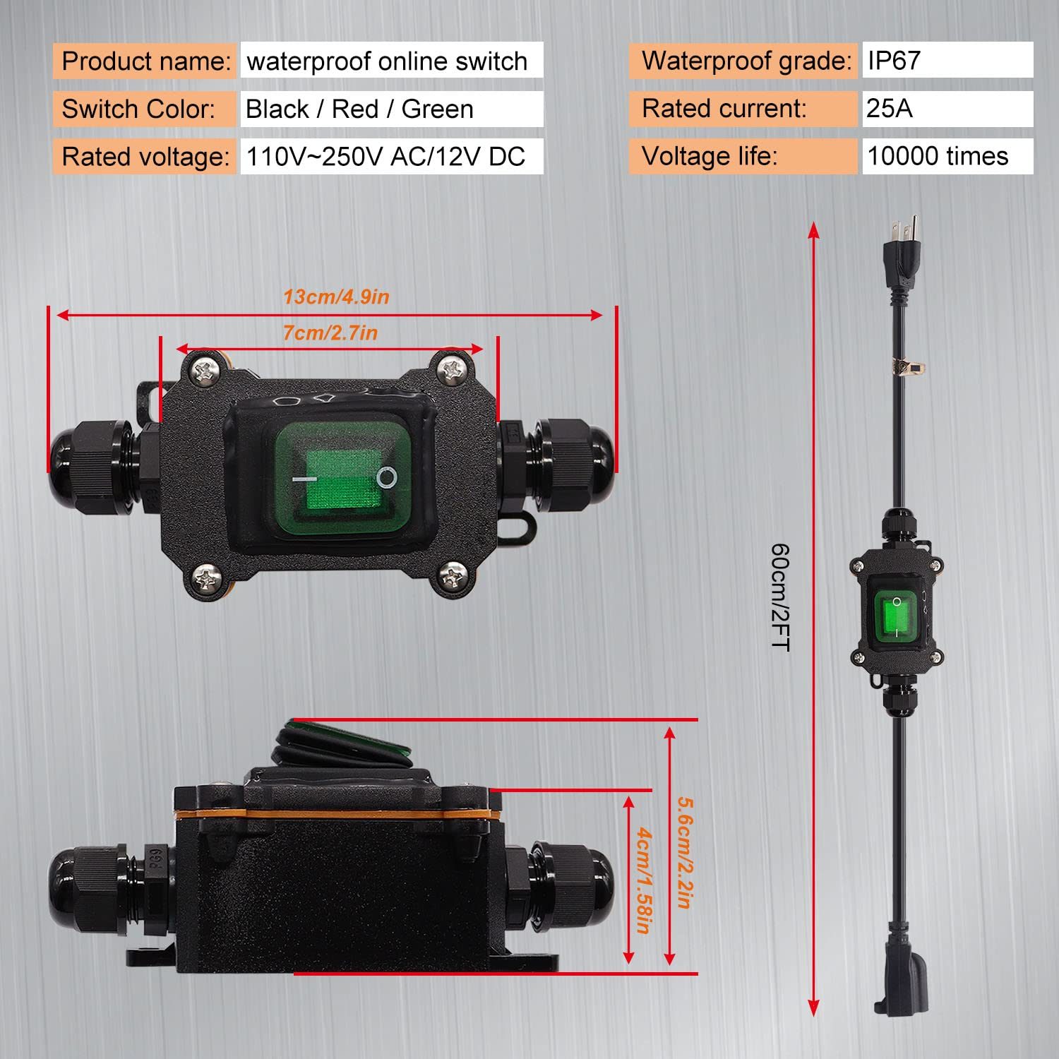 Weideer Extension Cord With Inline Switch On/Off Ip67 Waterproof 20A 250V 16Awg 2Ft 3Pin Outlets Plugs Power Cord Green Led Rock