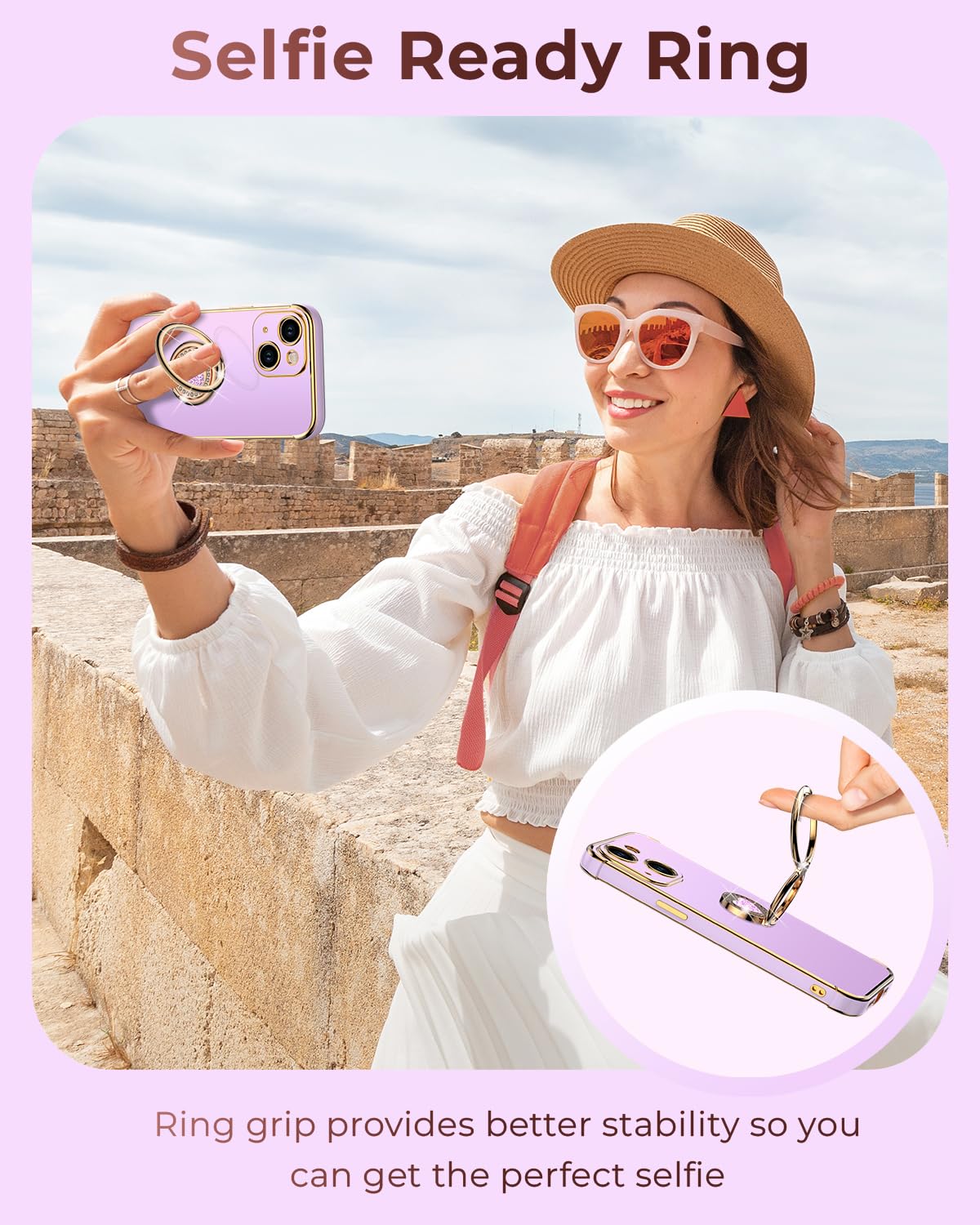 XYZ iPhone 14 Case - Bling Luxury Protective Cover with Double Ring Kickstand, Purple, Thermoplastic Polyurethane