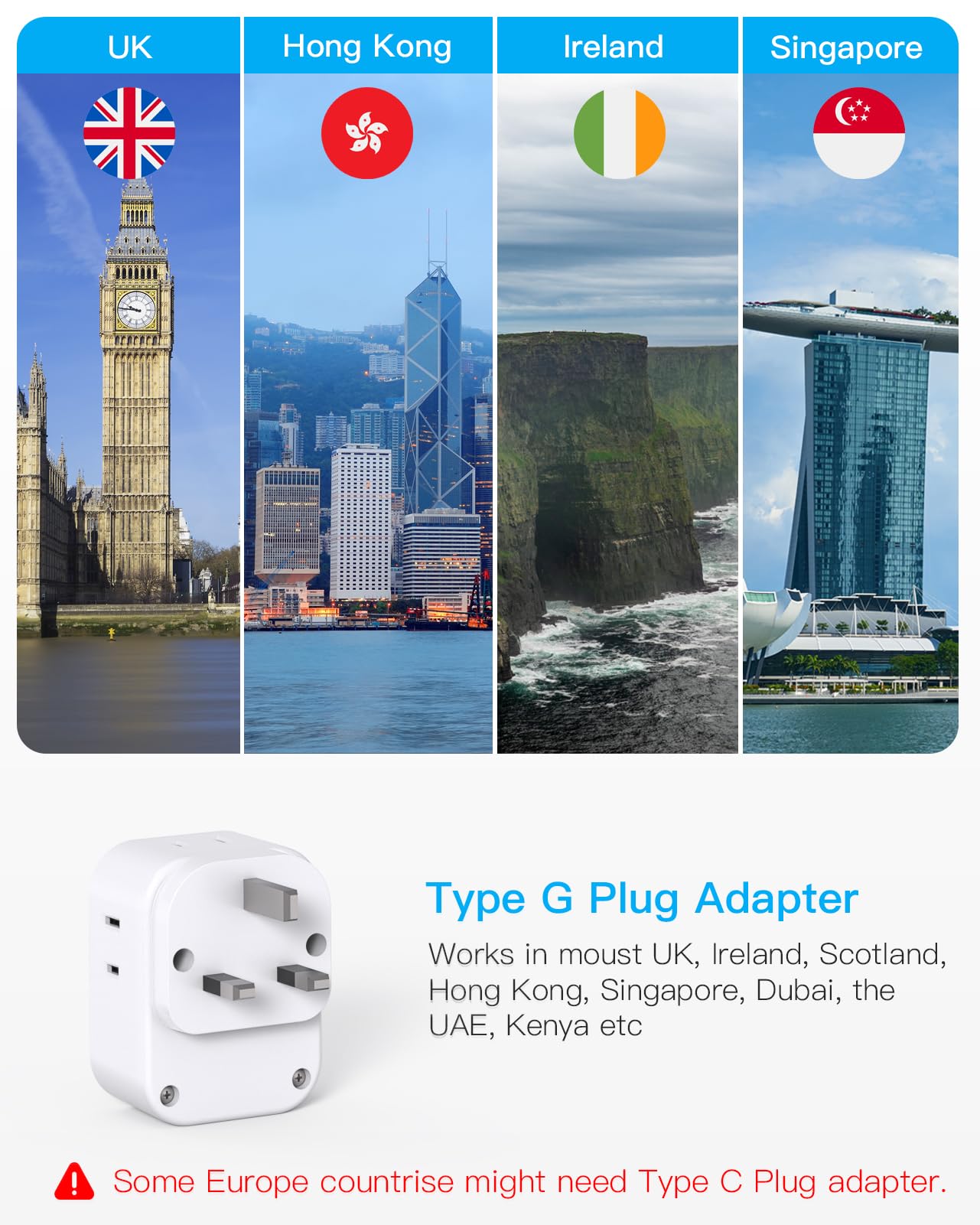 2 Pack Us To Uk Ireland Travel Plug Adapter, Type G Plug Adapter With 4 Outlets 4 Usb Ports (2 Usb C), Uk Power Adapter Converte