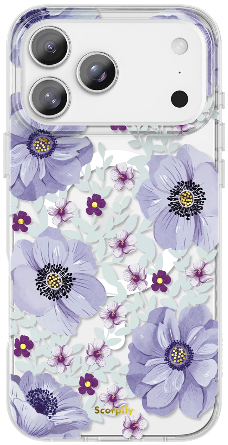 SCORPIFY for iPhone 17 Pro Case [Compatible with MagSafe] with Purple Anemone Floral Design, Cute Clear Flower Phone Magnetic Co