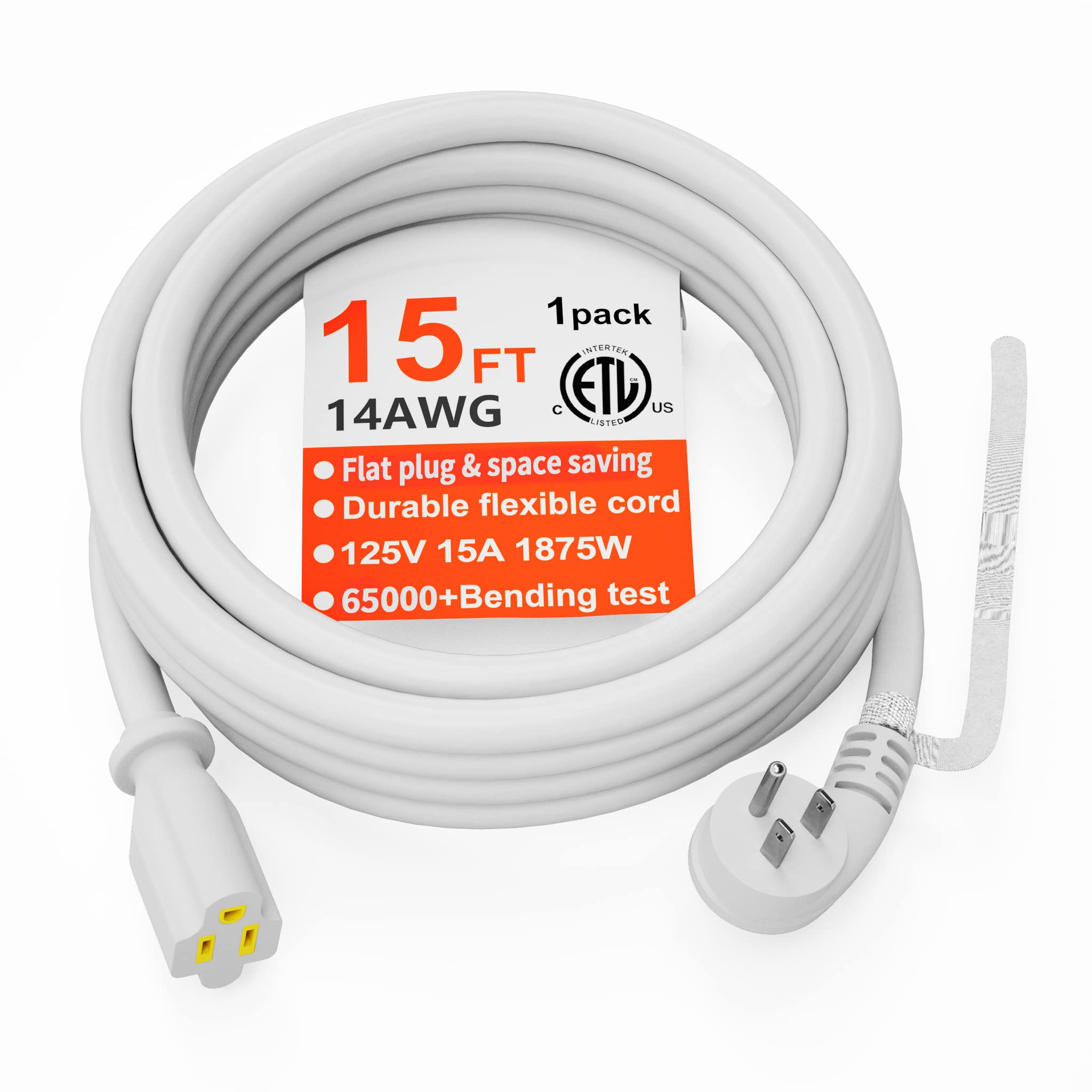 Huanchain 14 Gauge 15 Ft Flat Plug Extension Cord White Indoor Outdoor, Heavy Duty 3 Prong Grounded Low Profile Extension Wire F