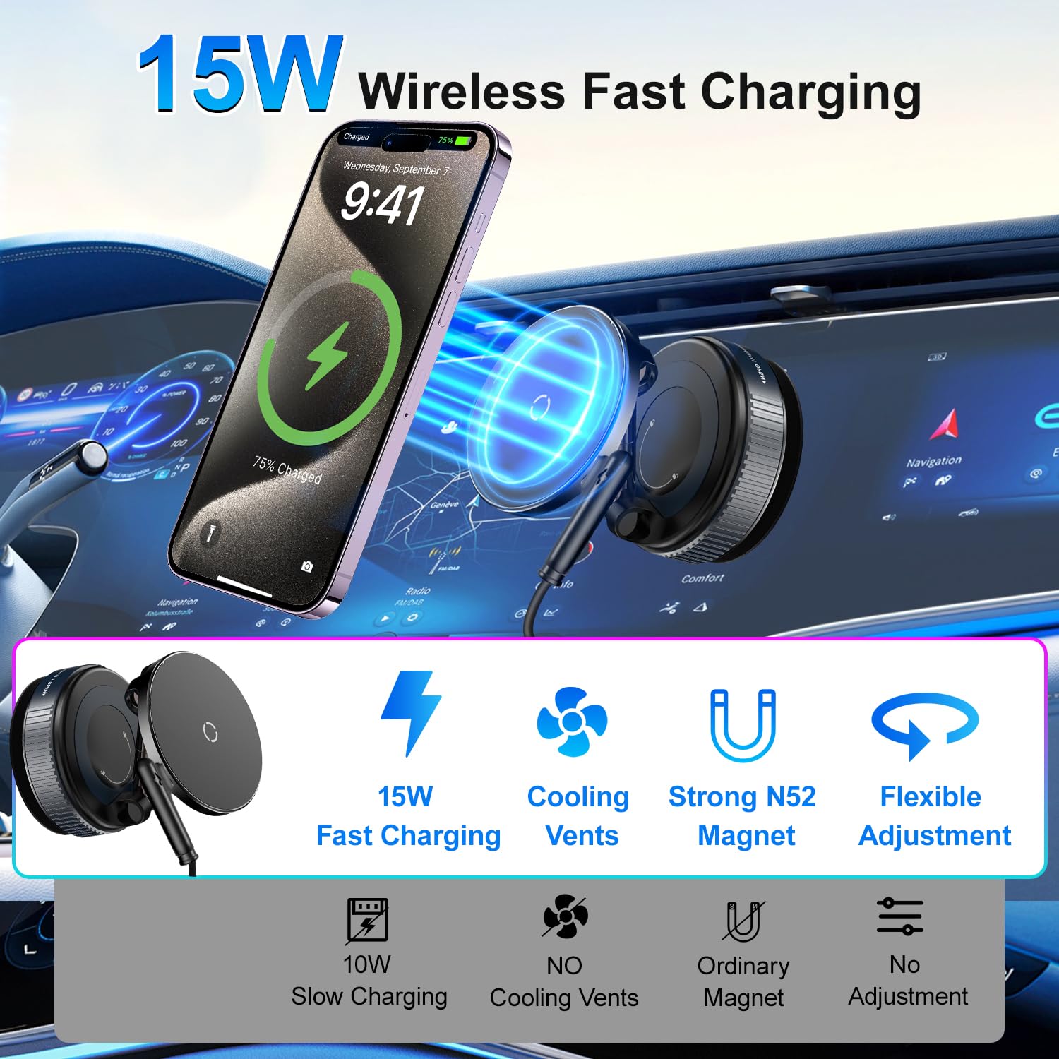 Alafly 15W Fast Charging Magnetic Car Phone Holder [New Elastic Suction Cup] 360 Adjustable Wireless Charger Car Mount For Magsa