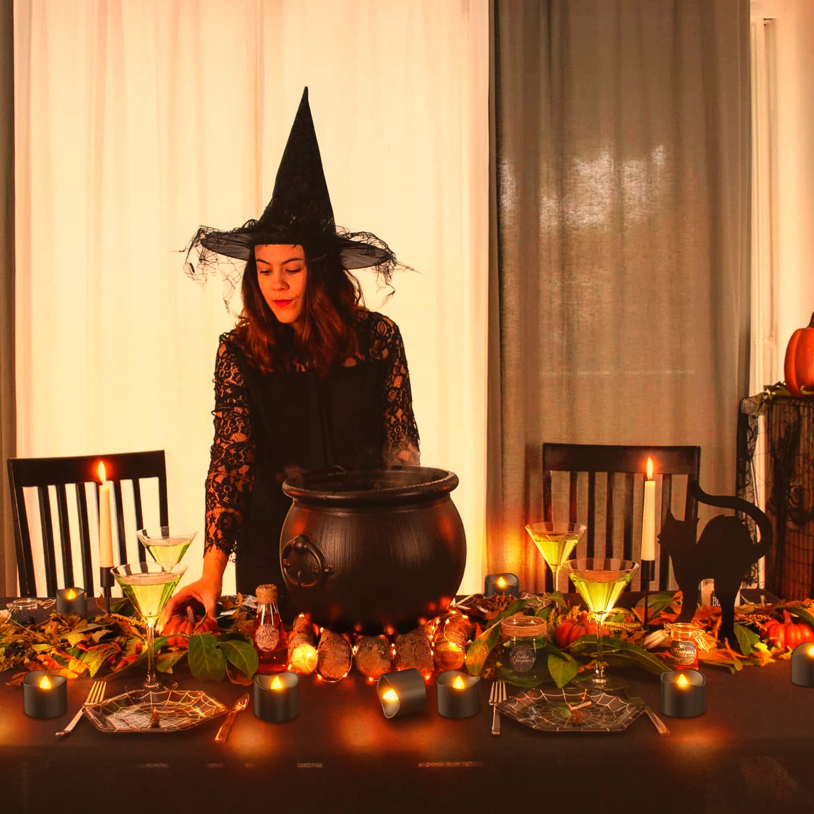 Punasi Black Led Tea Lights, Set Of 12 Battery Operated Tealights Flickering Flameless Votive Candles With Realistic Warm White