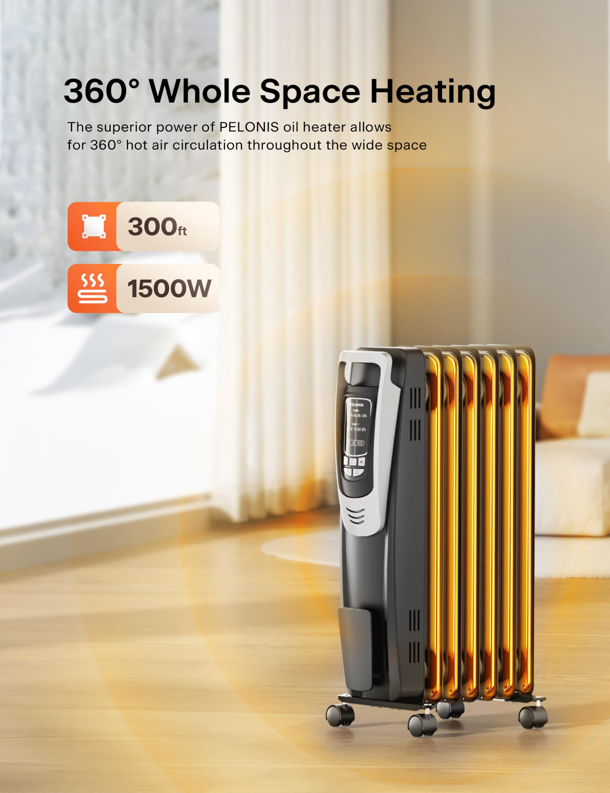 Pelonis Radiator Heater For Indoor Use Large Room With Remote, Thermostat & Led Display, Quiet Oil Filled Heater With 5 Temperat