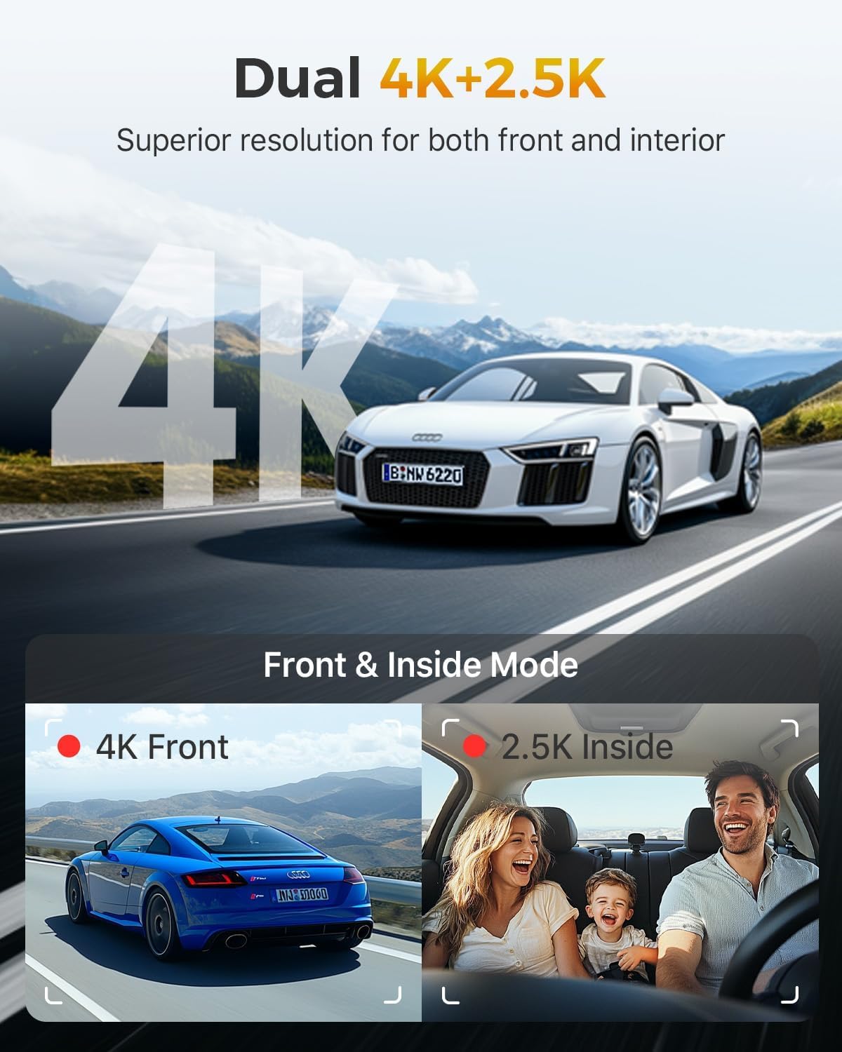 Gku 4K 3 Channel Dash Cam, 5.8Ghz Wifi Built-In Gps, 4K+1080P+1080P Dash Cam Front And Rear Inside, 64Gb Card Inserted, 24H Park