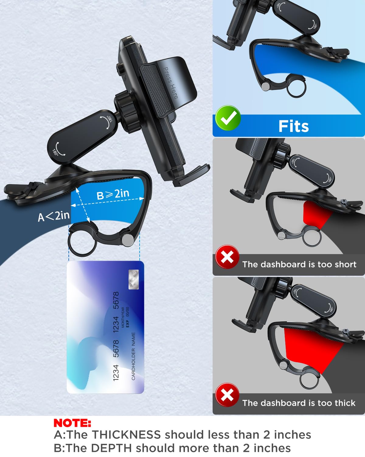 Ipow Car Dashboard Phone Clip Holder, 360 Degrees Rotation Dash Steering Wheel Phone Clamp Mount Compatible With Iphone 15 14 13