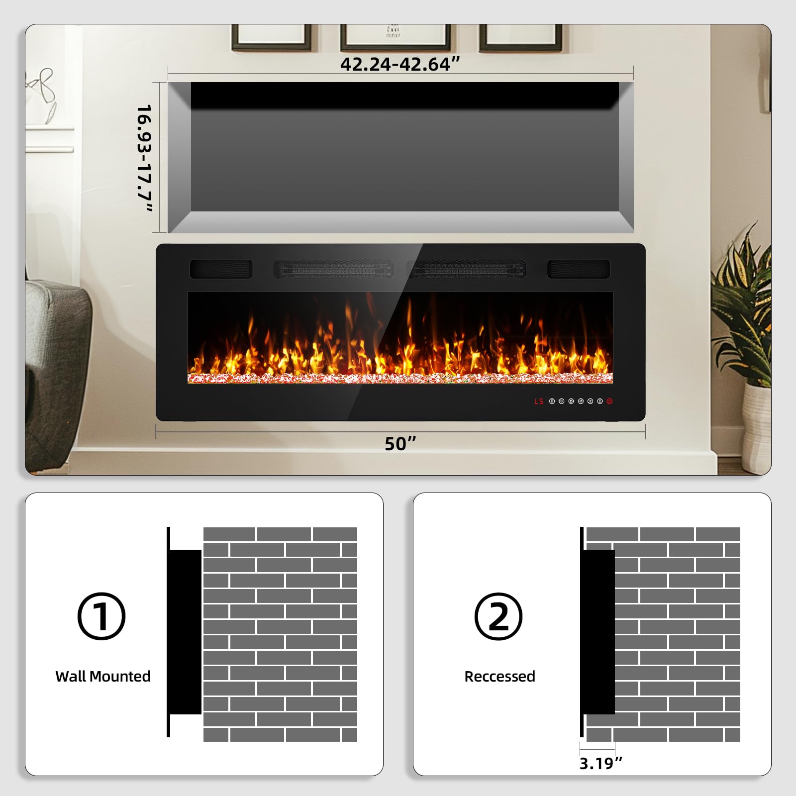 50 Inch Ultra Thin Electric Fireplace Inserts And Wall Mounted With Remote Control & Touch Screen 1500W Fireplace Heater With Ti