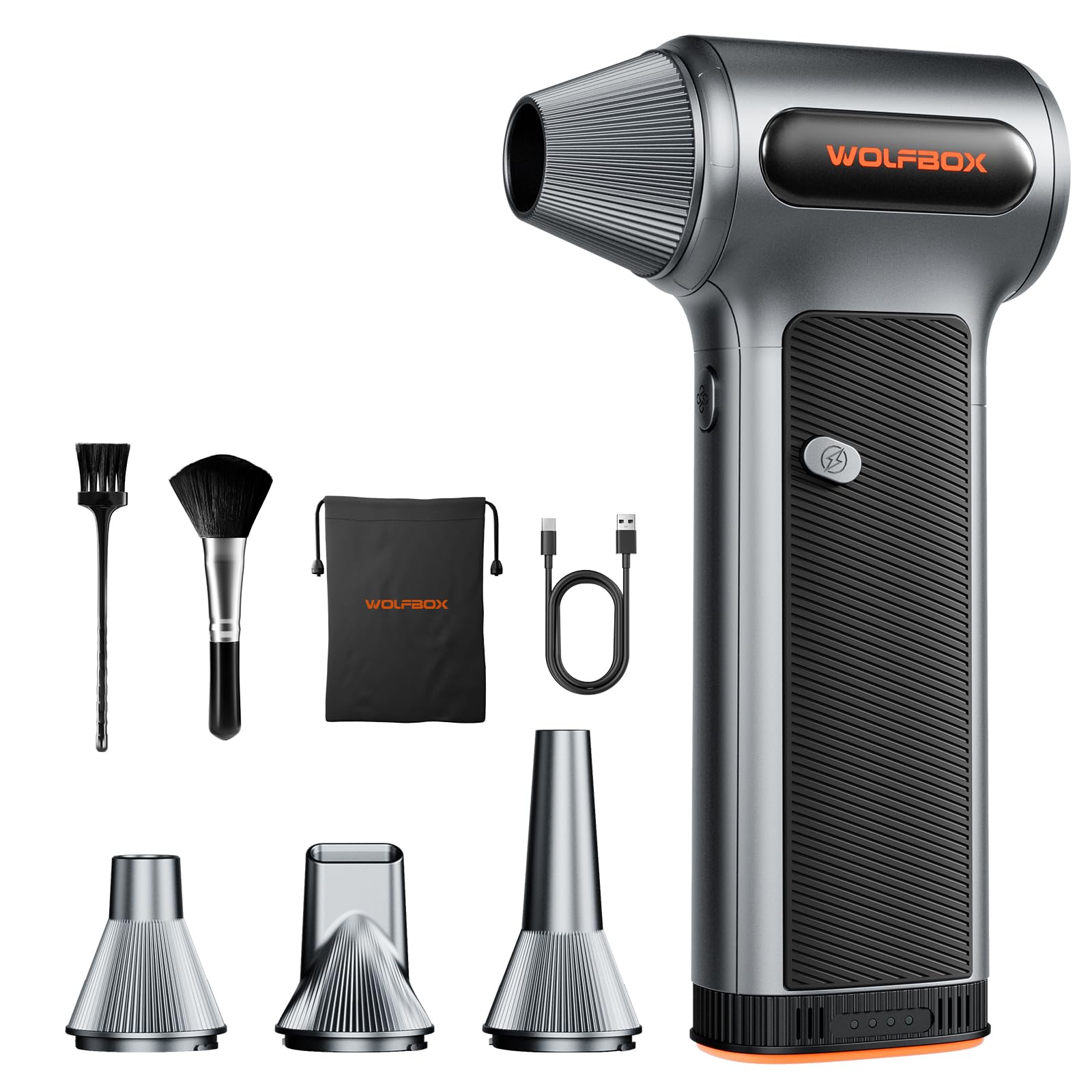 WOLFBOX MF200 Compressed Air Duster with Removable Battery & 4 Nozzles, Cordless 3-Speed Adjustable Mini Blower for Computer Key