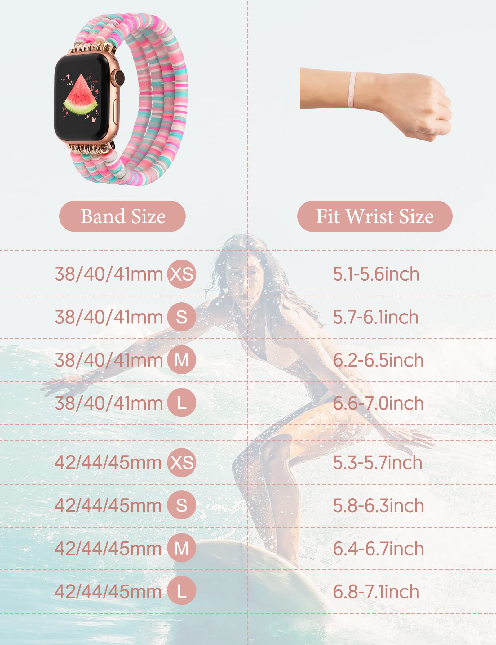 Toyouths Heishi Beaded Bracelet Compatible With Apple Watch Band Cute Stretch Girl Women Summer Beach Surfer Clay Preppy Jewelry