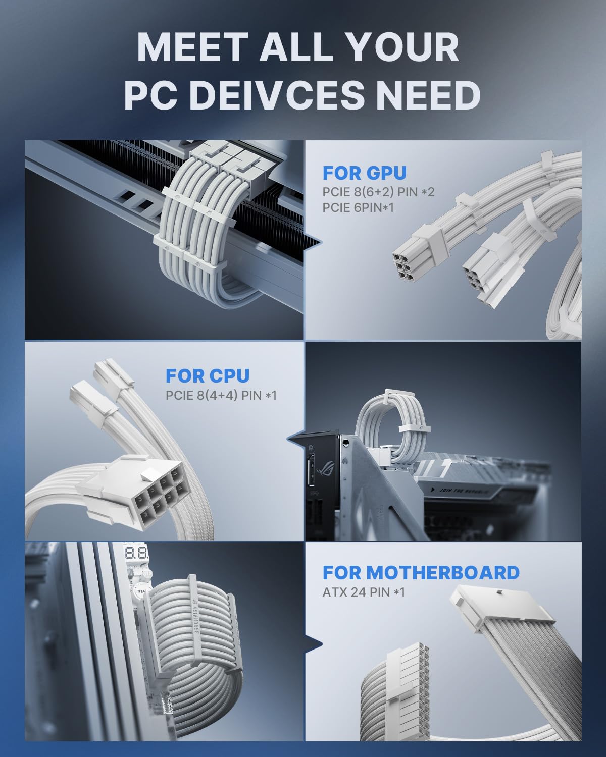 Asiahorse 16Awg Psu Cable Extension Power Cords, Customized Power Supply Mod Sleeve Extension Cable, Atx/Eps/8 Pin Pci E/6 Pin Pci E For Psu Cable (Pure White)