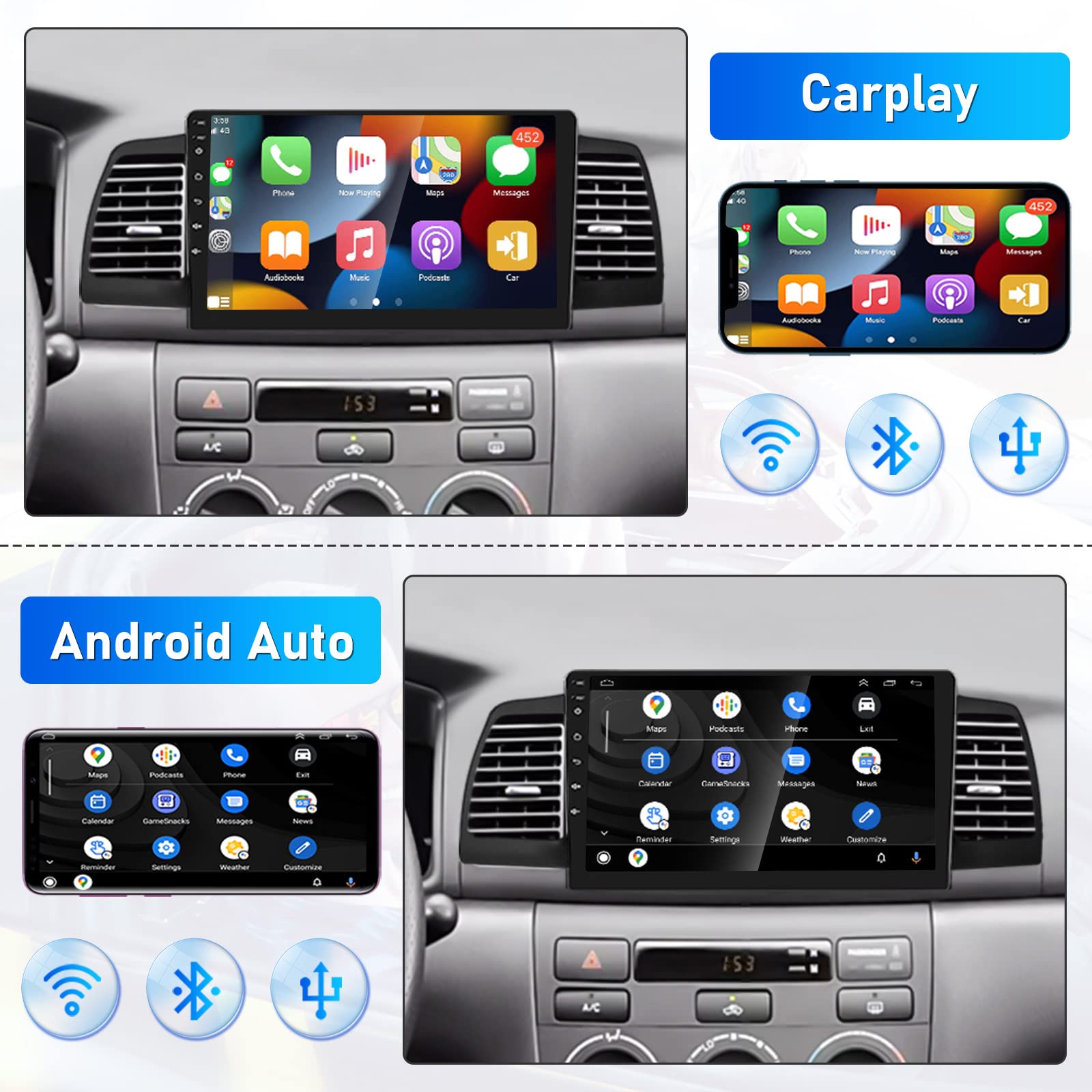 Roinvou 2+64G Android 13 Carplay Stereo For 2005 2012 Toyota Corolla Ex, Wireless Carplay Radio With Android Auto, 9'' Touch Scr