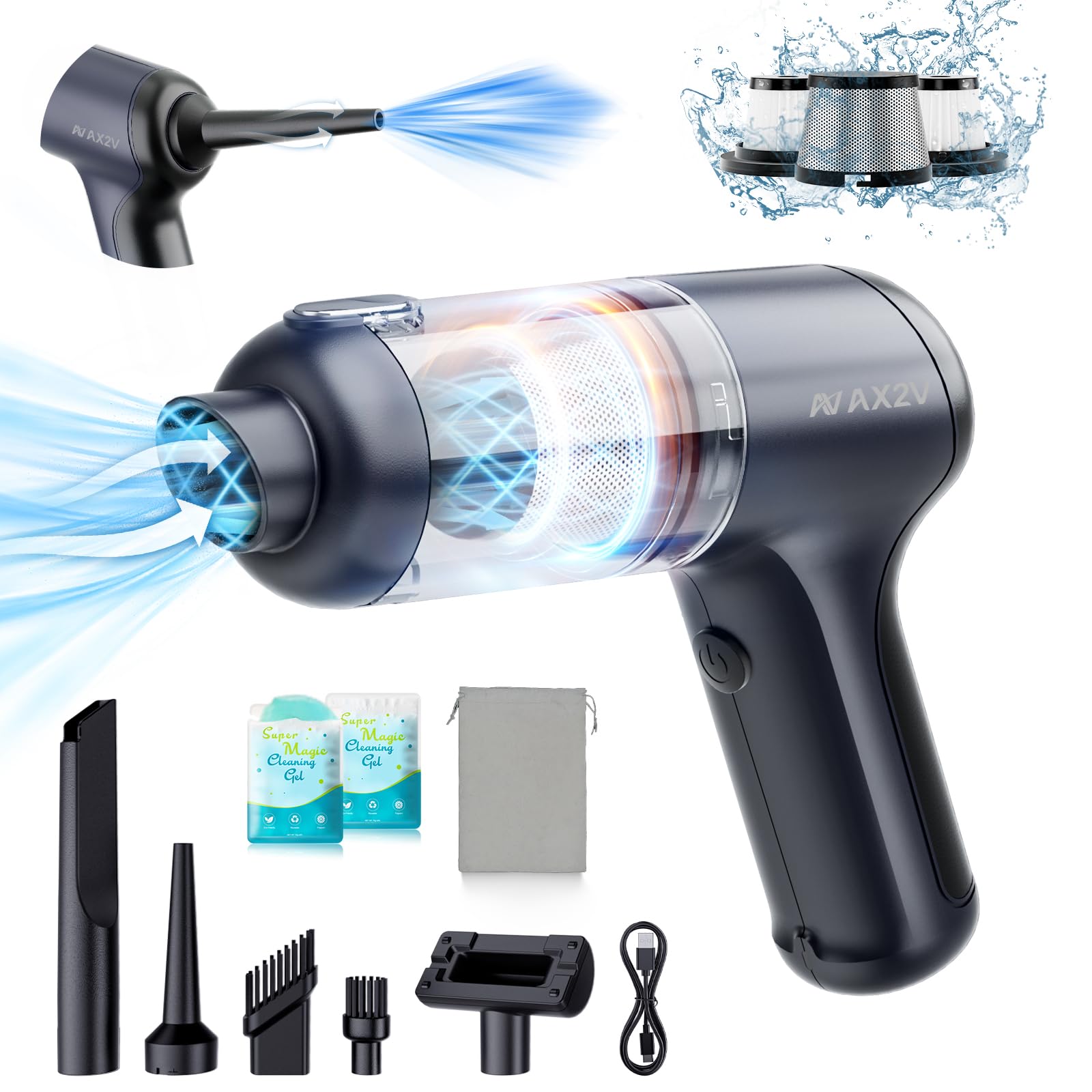 Ax2V Portable Car Vacuum 16000Pa Mini Vacuum Cleaner For Car, Low Noise Hand Vacuum Cordless Rechargeable, With Cleaning Gel For