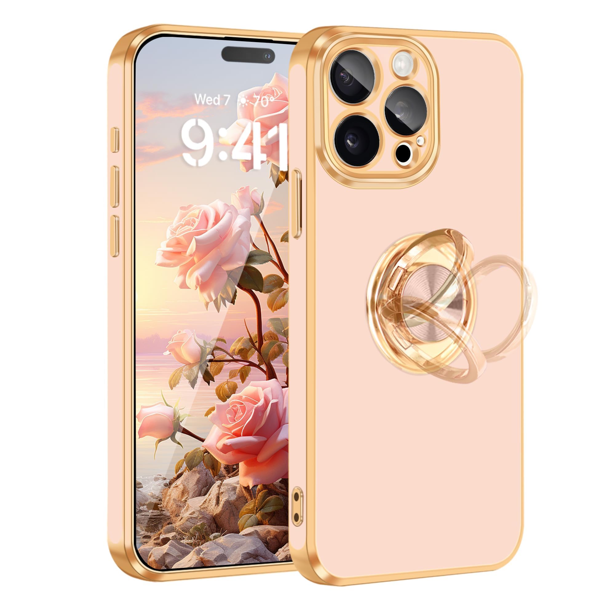 Fingic For Iphone 15 Pro Phone Case[With 360 Ring Holder][Support Magnetic Car Mount] Cute Kickstand Slim For Women Nonslip Soft