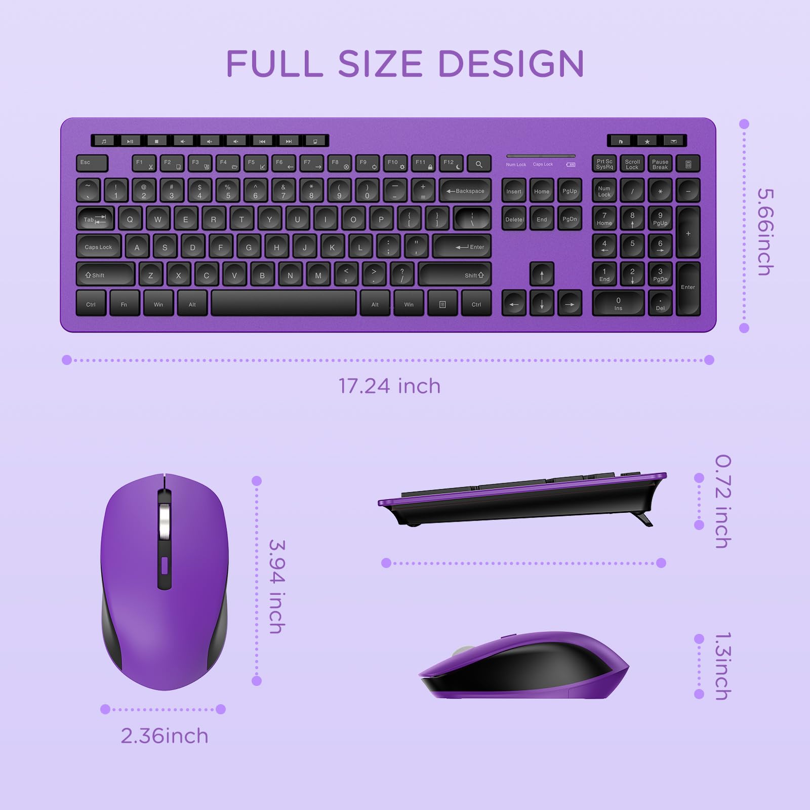Seenda Wireless Keyboard And Mouse Combo, 2.4Ghz Cordless Quiet Keyboard Mouse With Usb Receiver, Full Size Cute Purple Combo, Compatible For Windows Laptop Computer Desktop Pc, Black And Purple