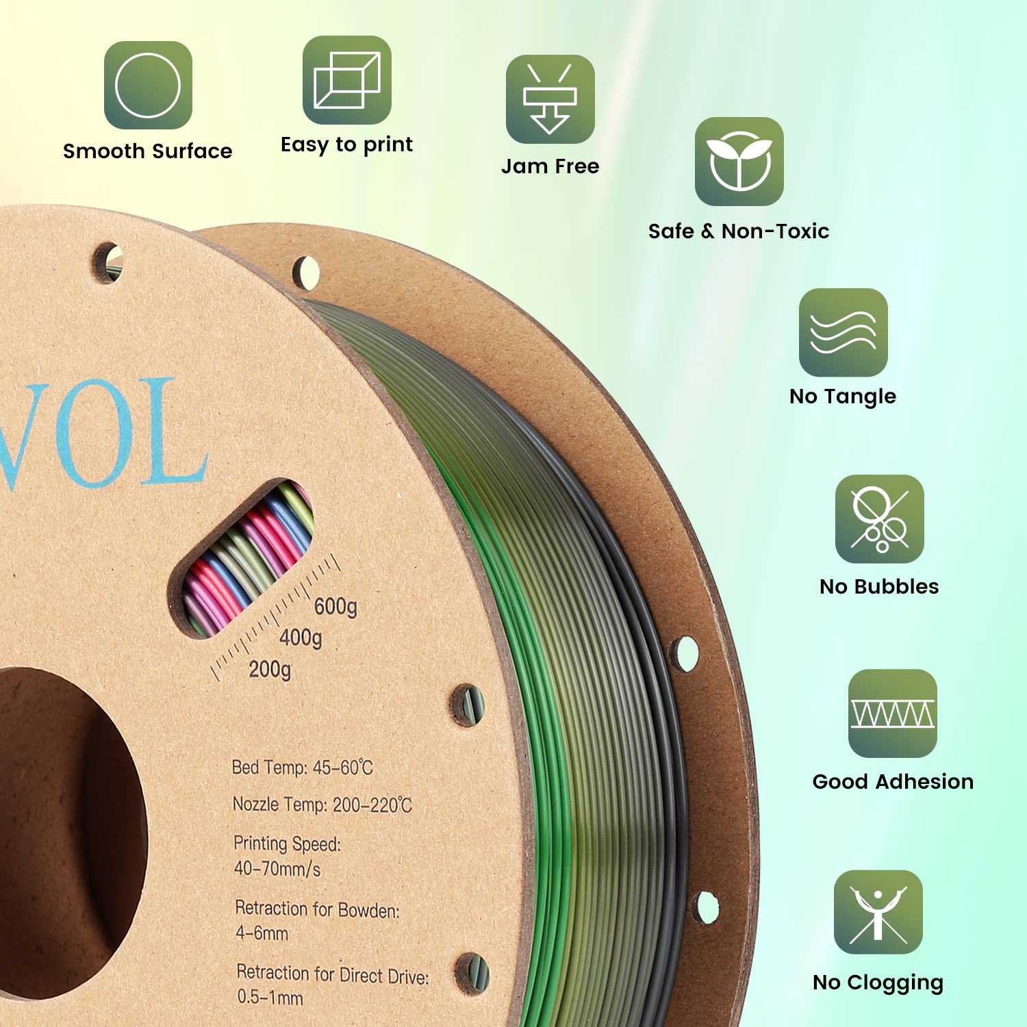 Sovol 3D Printer Silk Shiny Multicolored Fast Gradient Change Rainbow Pla 1 Kg (2.2 Lbs) Spool 3D Printing Materials, Wiring Tig