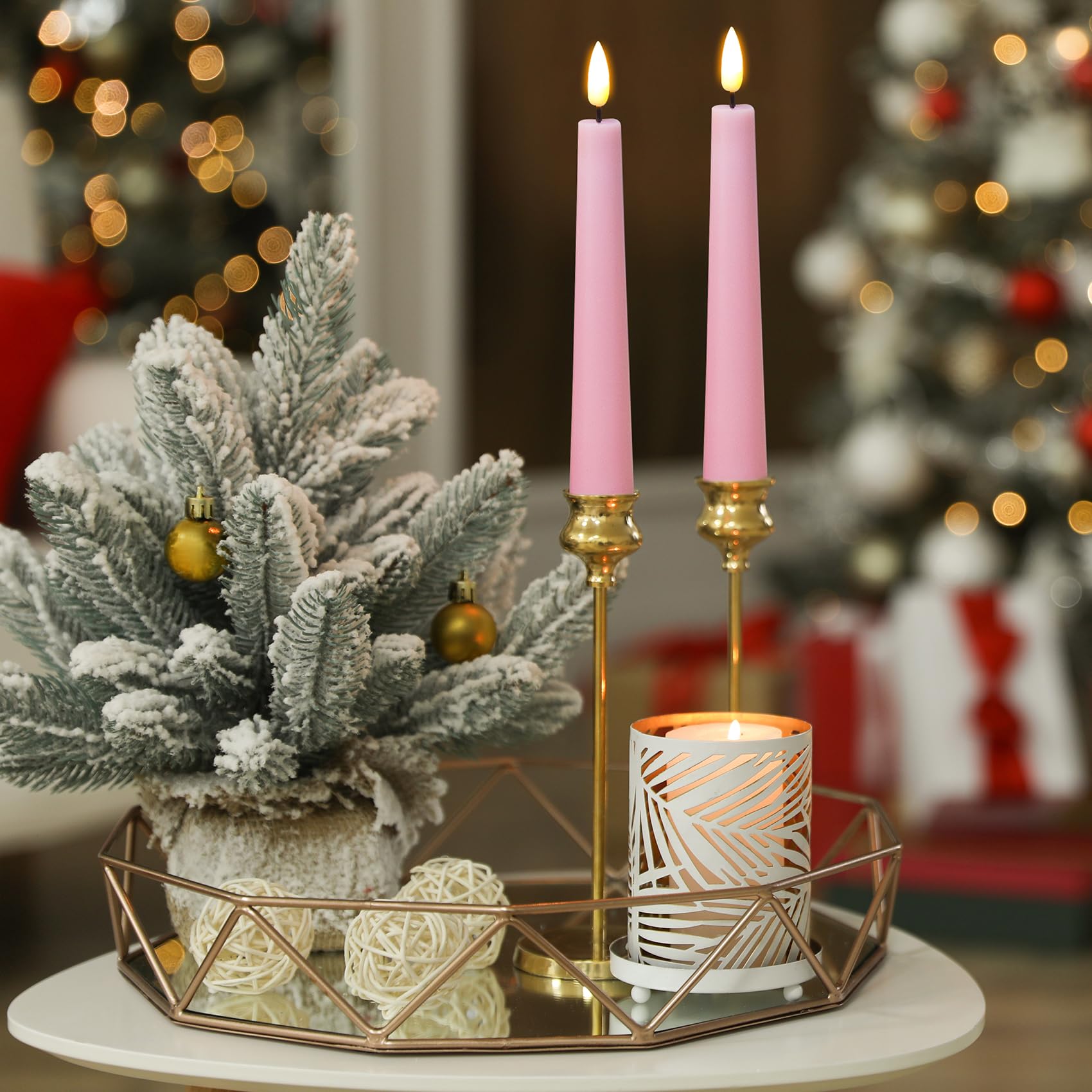 Eywamage Short Pink Flameless Taper Candles With Remote, Flickering Battery Led Wax Candlesticks Set Of 6