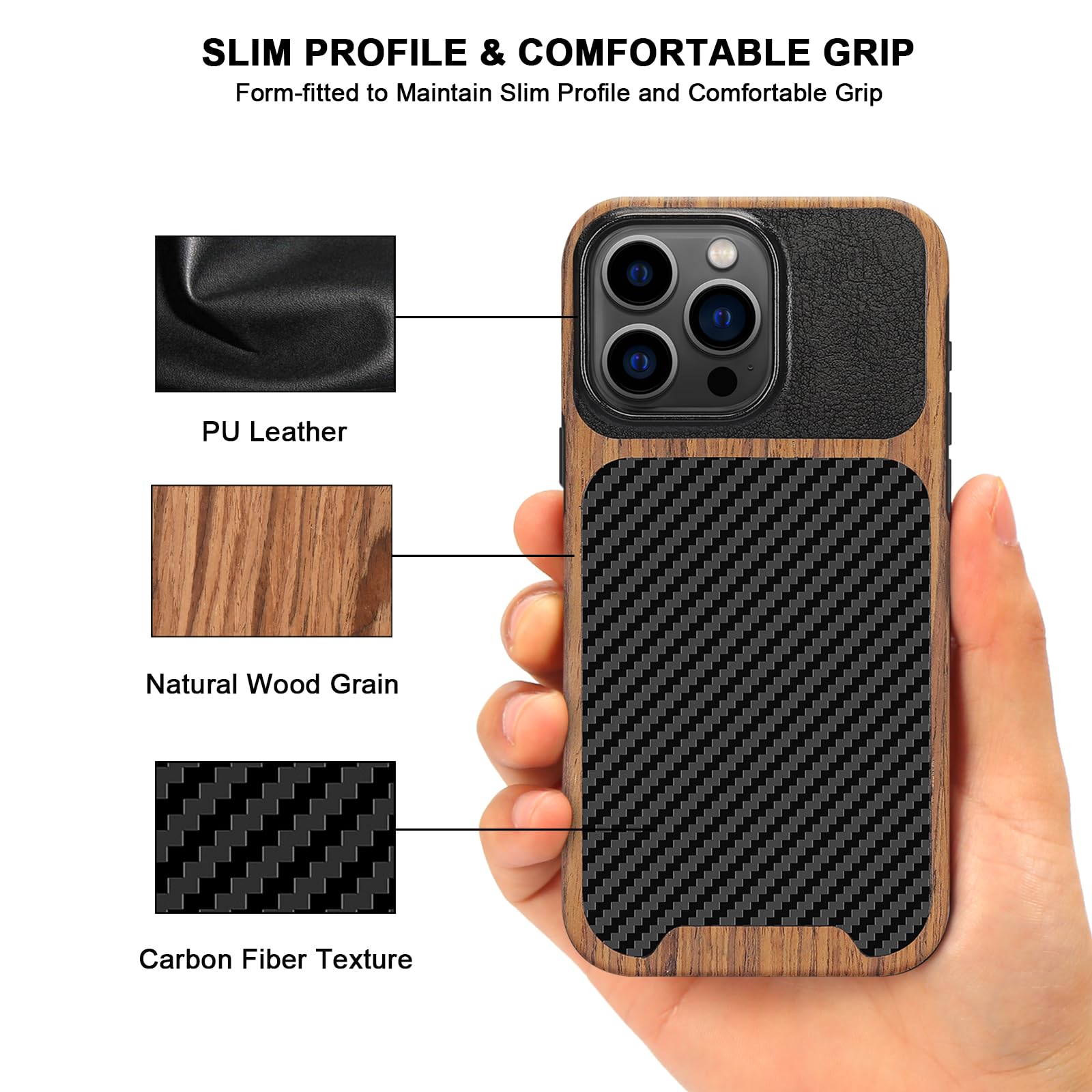 Tendlin Compatible With Iphone 15 Pro Case Wood Grain With Carbon Fiber Texture Design Leather Hybrid Slim Case (Black)