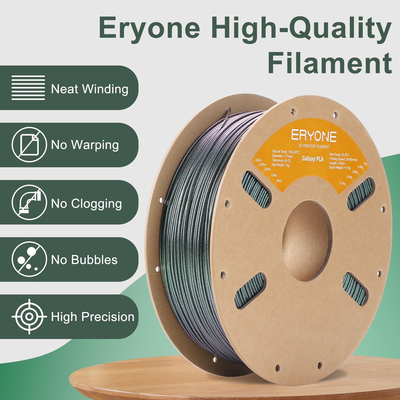Eryone Glitter Pla Filament For 3D Printer, 1.75Mm +/ 0.03Mm, 1Kg(2.2Lbs)/Spool, Bipolaris Nebula (Green)