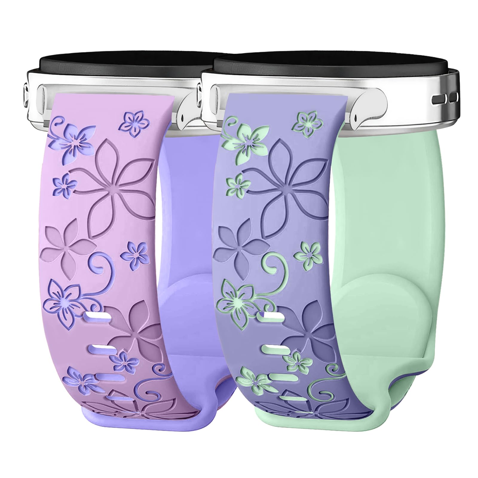 Kimiyaki 2 Pack Floral Engraved Bands for Samsung Galaxy Watch 8 Band 40mm 44mm/Watch 8 Classic 46mm, Cute Two-Tone Soft Silicon