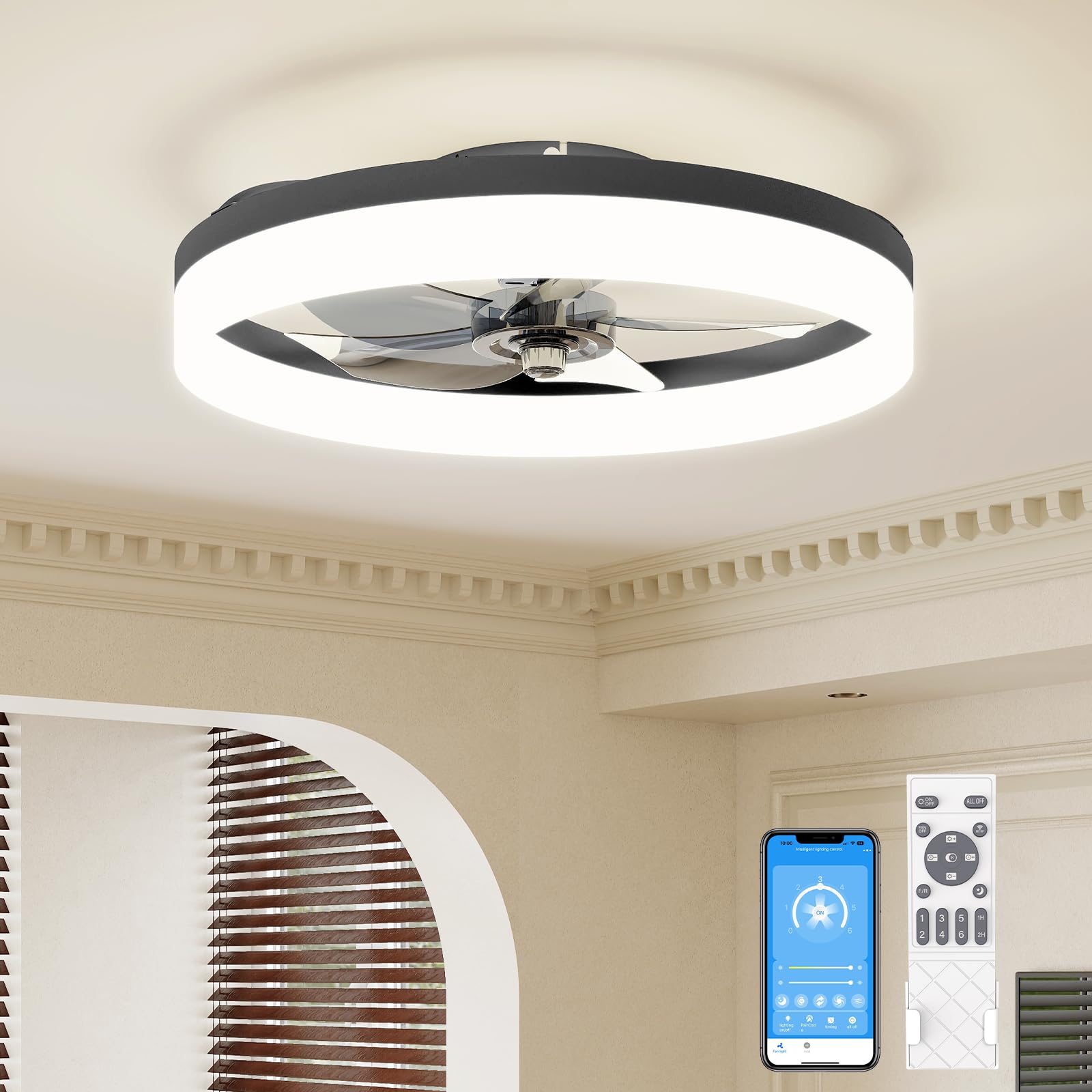 VOLISUN Low Profile Ceiling Fans with Lights and Remote, 19.7in Fandelier Ceiling Fan with Light, 3000K-6500K Dimmable Bladeless