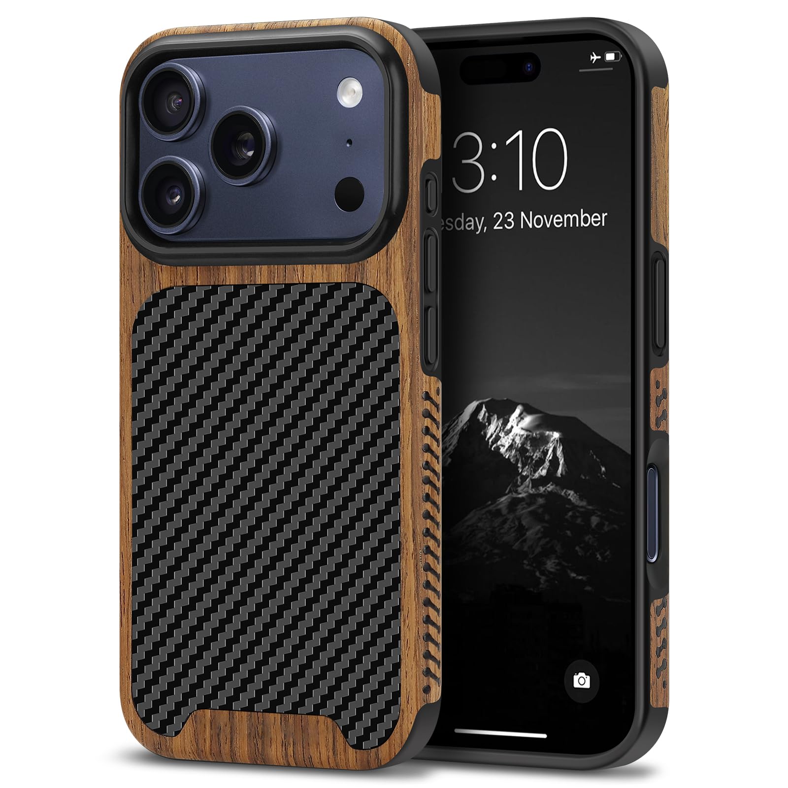TENDLIN Compatible with iPhone 17 Pro Max Case Wood Grain with Carbon Fiber Texture Design Leather Hybrid Slim Case (Black)