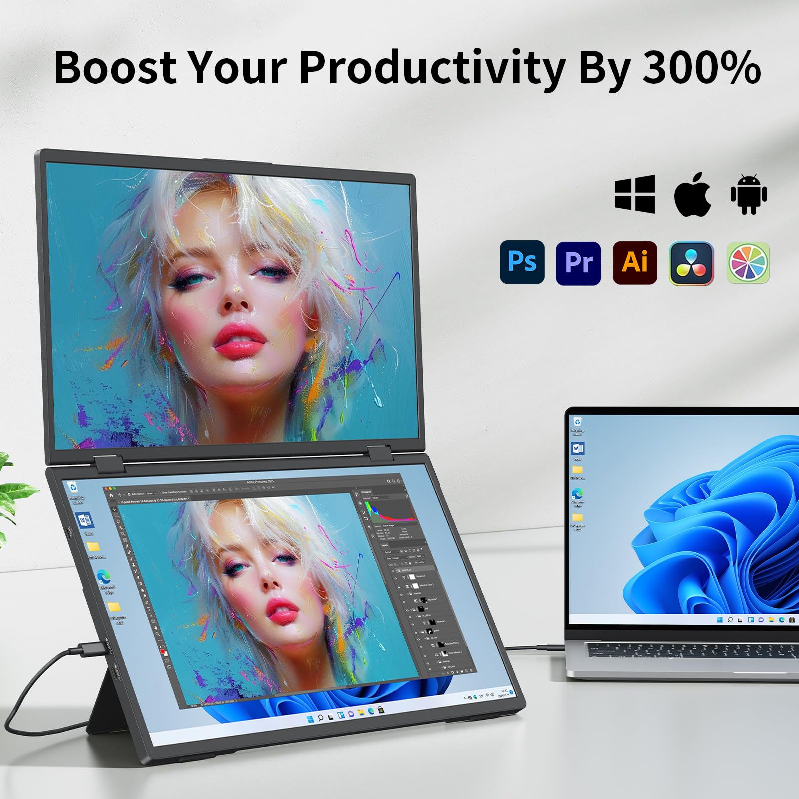 Laptop Screen Extender,15.6  Dual Monitors (Wins/Mac) Folding Stacked Portable Dual Monitor, Usb C Travel Extended Computer Disp