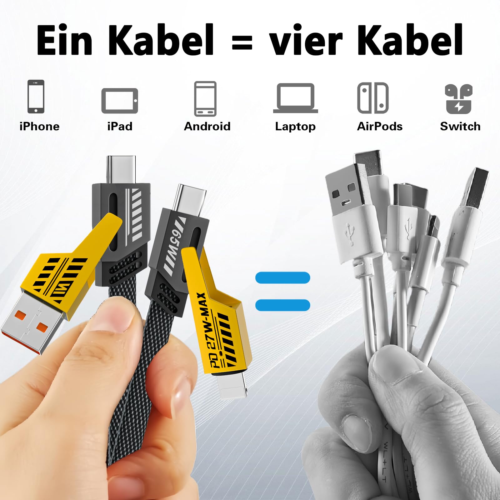 Gartmost 2Pack 4 In 1 Fast Charging Cable, Transferring Data, 6.65 Ft, Braided Cable 65W, Usb C Usb A And Ip, Multiple Charging