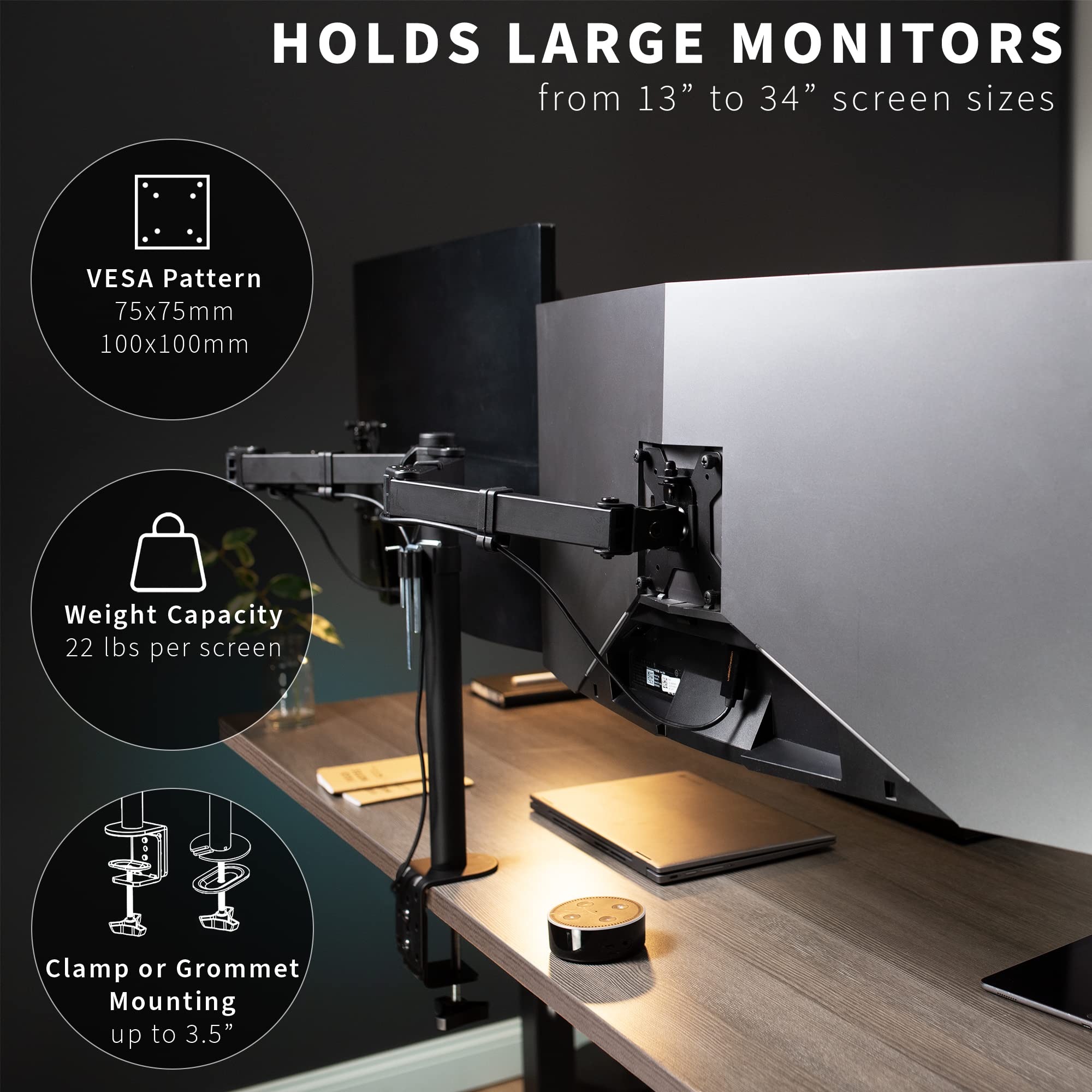 VIVO Full Motion Dual Monitor Desk Mount Clamp Stand VESA, Double Center Arm Joint, Holds 2 Screens up to 34 inches, STAND V102D