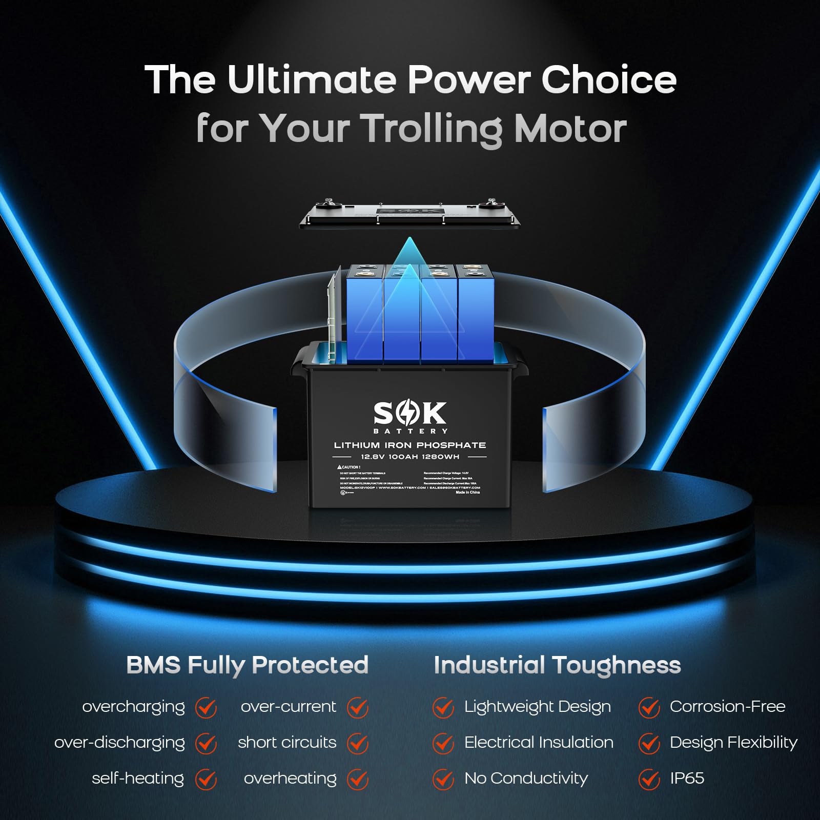 Sok Lifepo4 Battery 12V 100Ah Lithium Battery, Sk12V100P 4000~8000 Cycles V8 Version Bluetooth Bms, Battery Cells Balance Functi